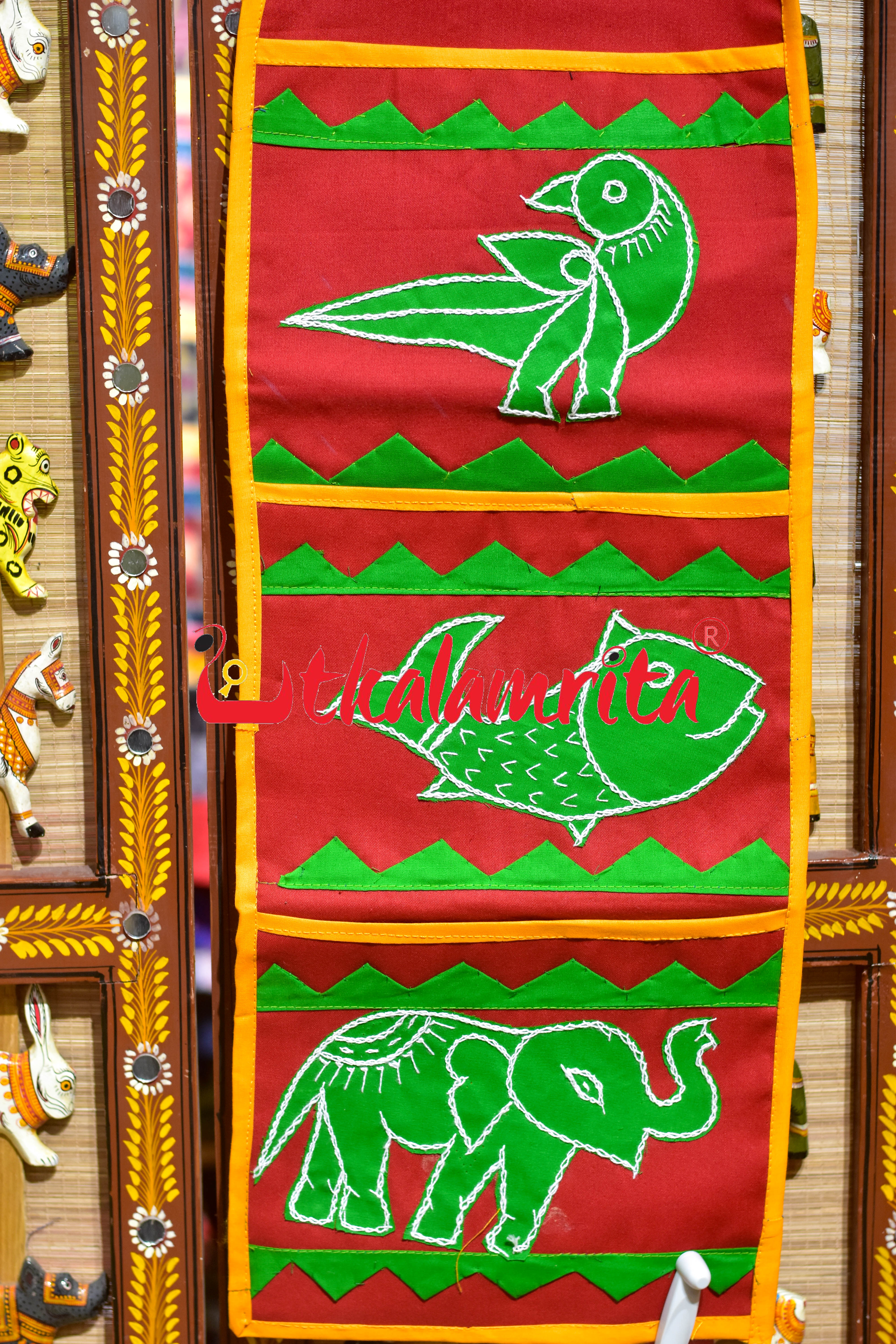 Red Green Triple Animal Pipli Applique Letter Box