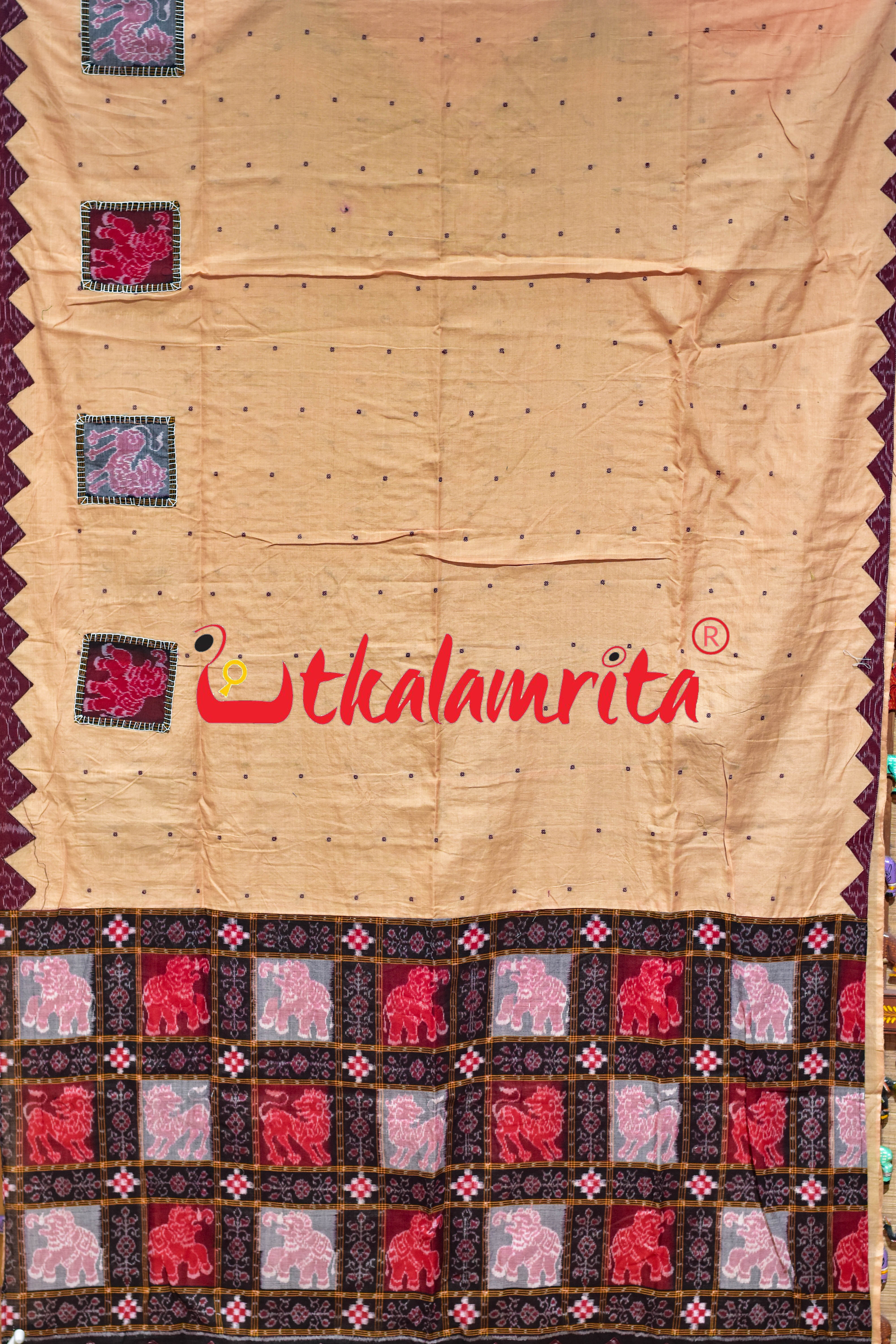 Cream with Maroon Buti Elephant Designer Cotton Saree