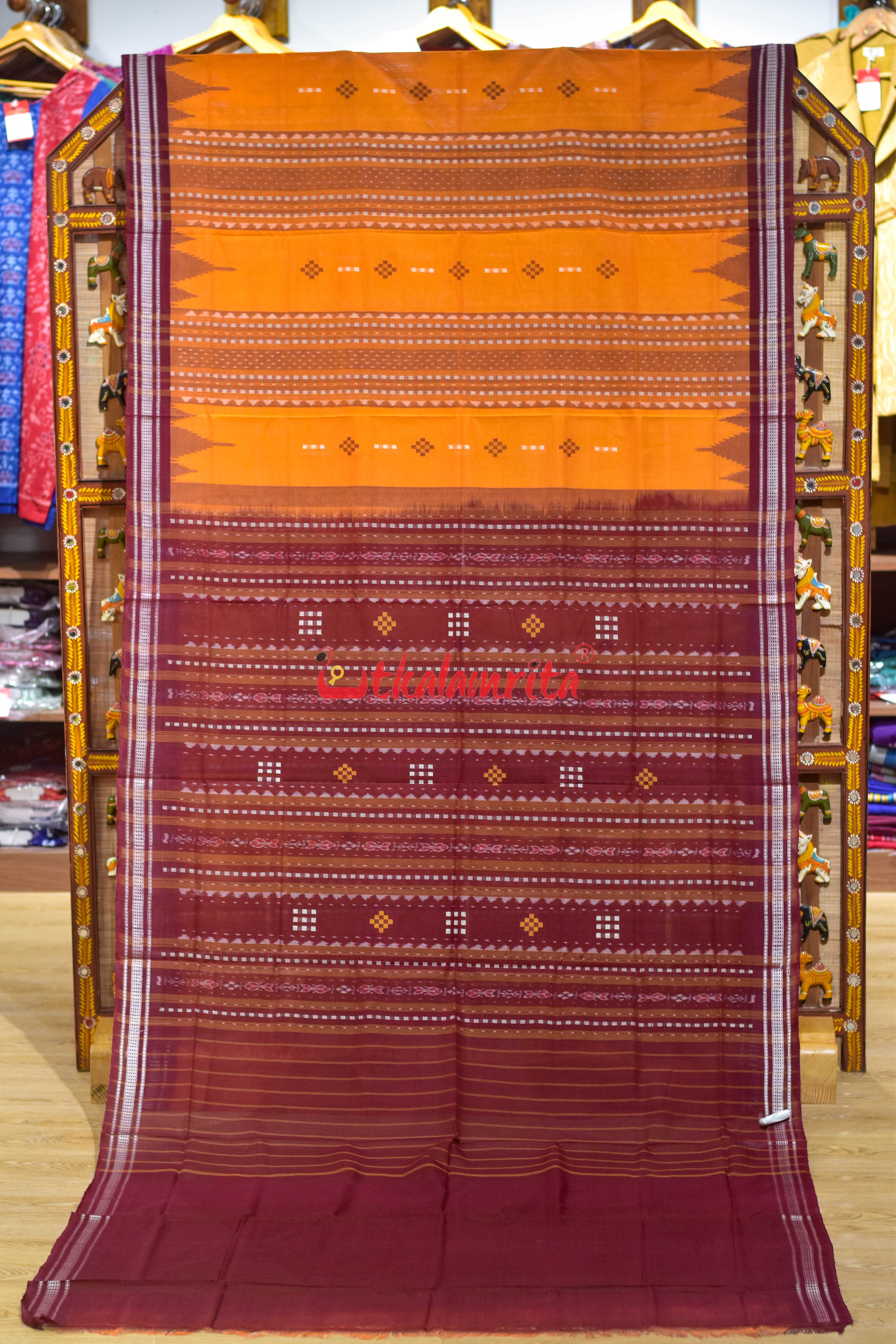Yellow Maroon Phoda Kumbha Cotton Bapta Saree