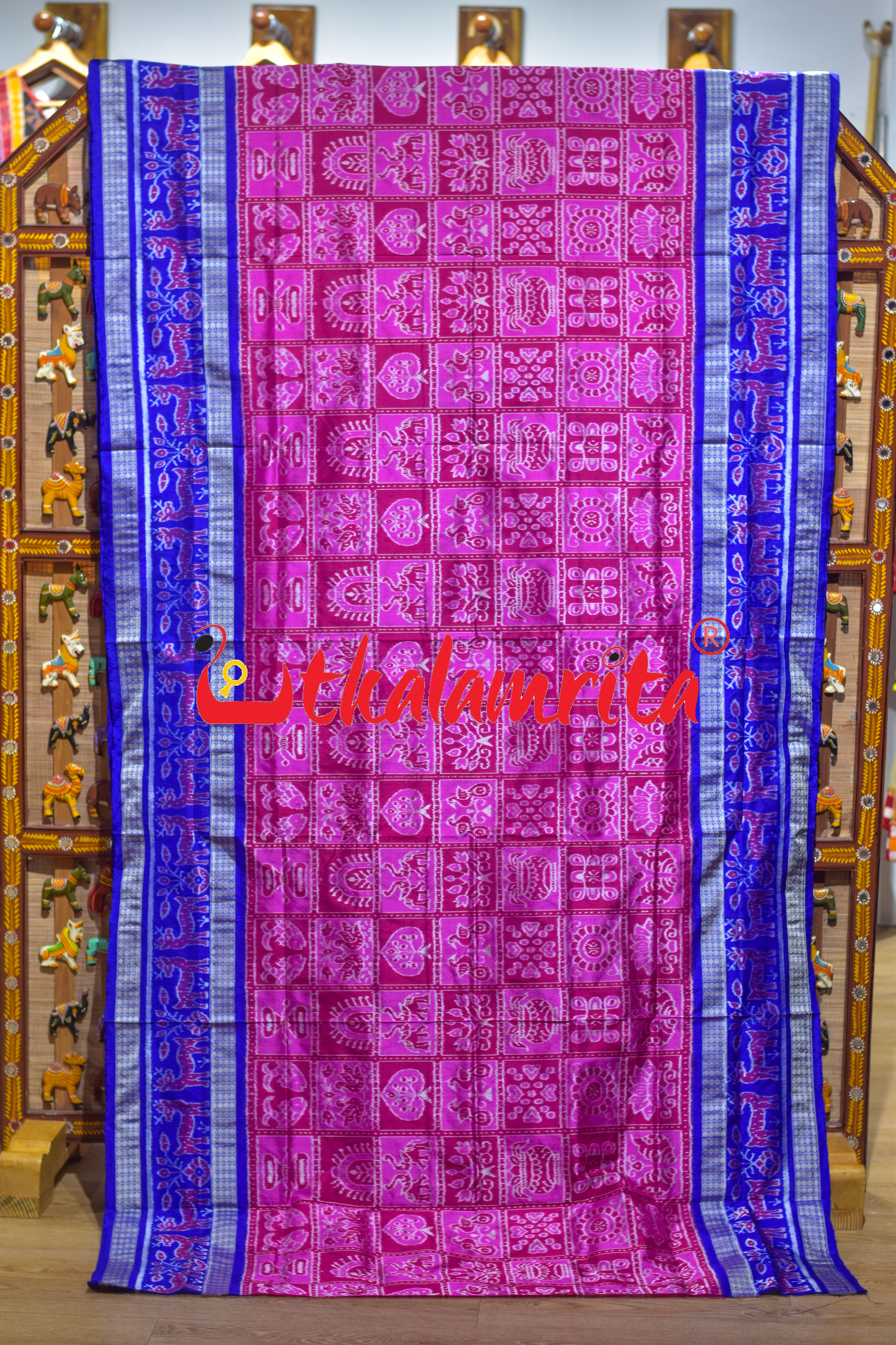 Magenta Blue Sata Kothi Deer Scot Sambalpuri Silk Saree
