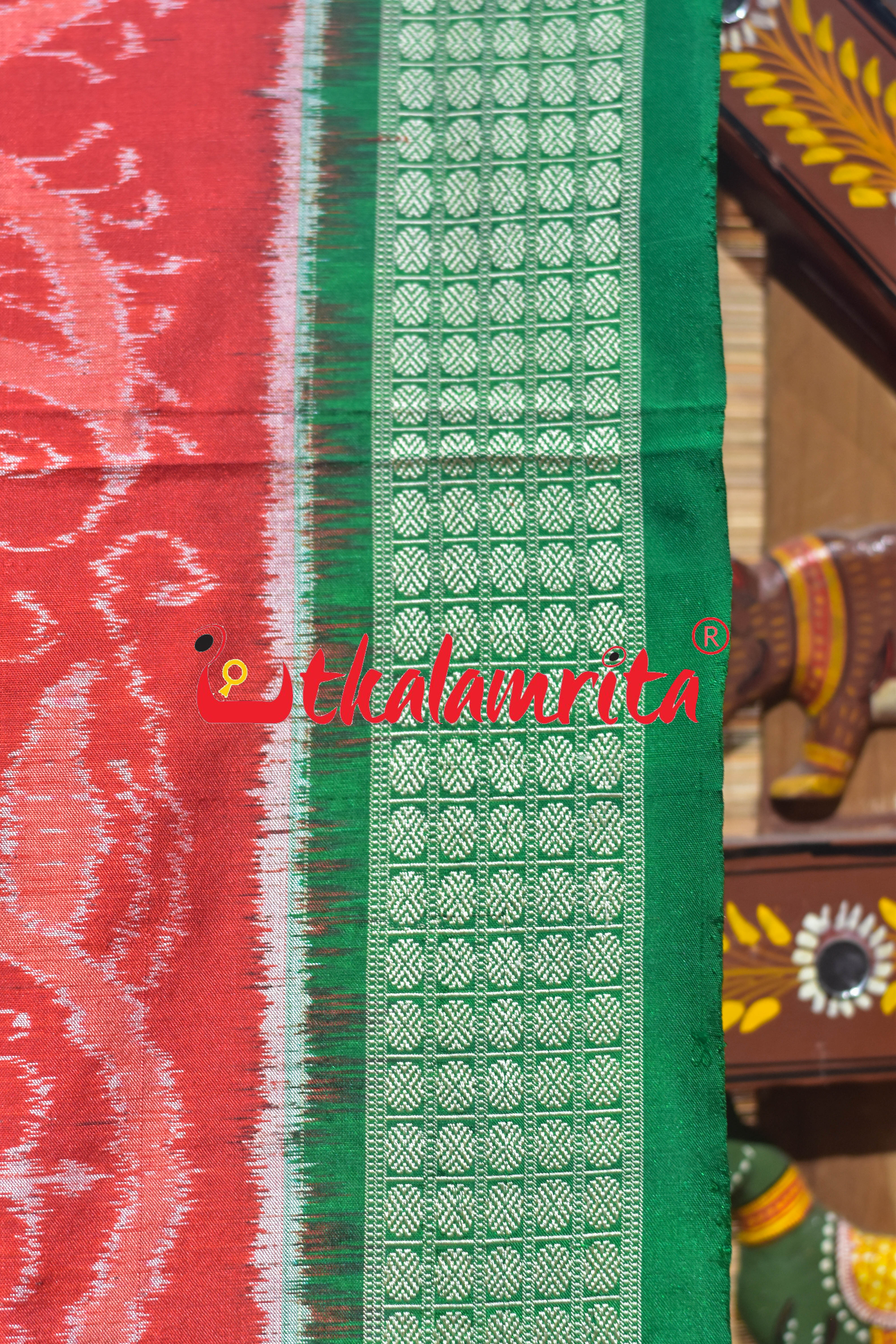 Orange Green Border Konark Theme Sambalpuri Silk Saree