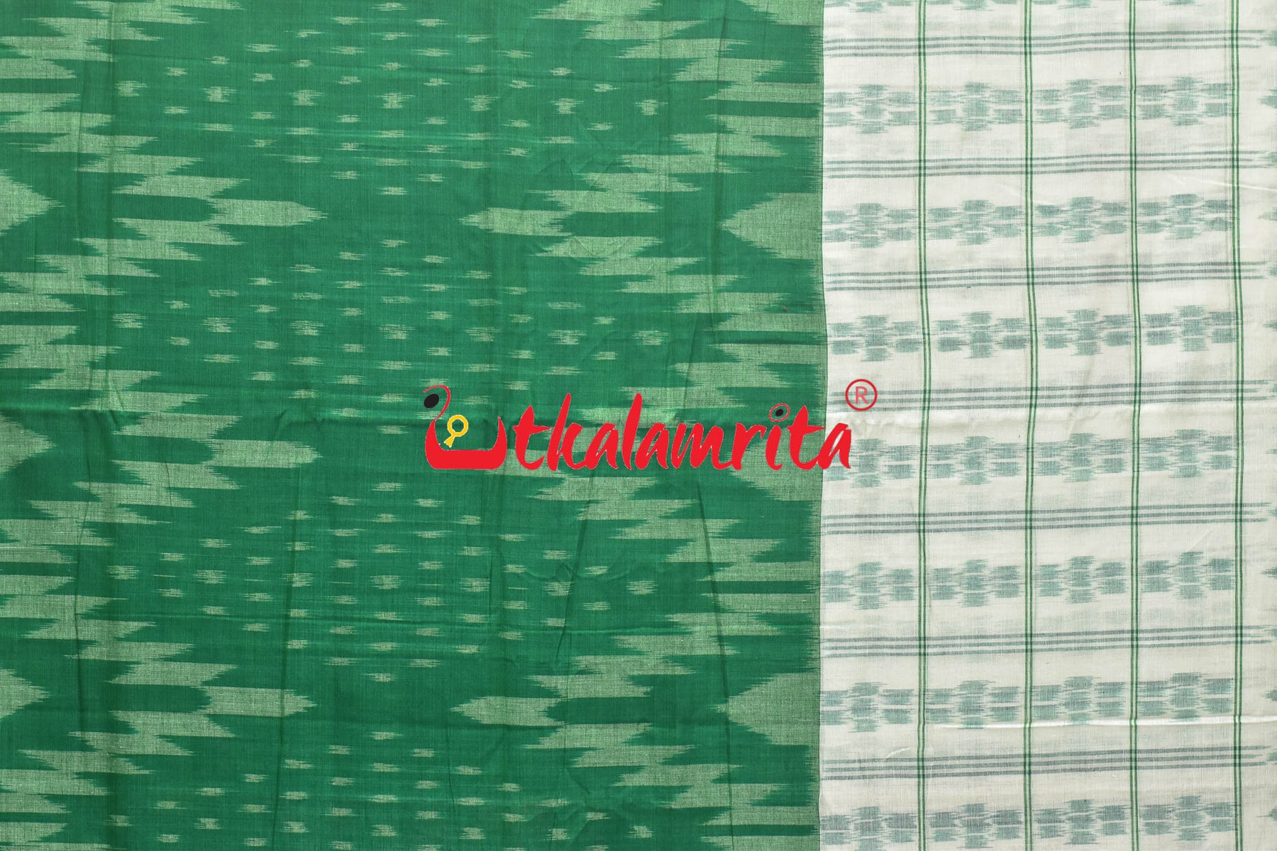 Half Half Green White Khandua Cotton Checks Saree