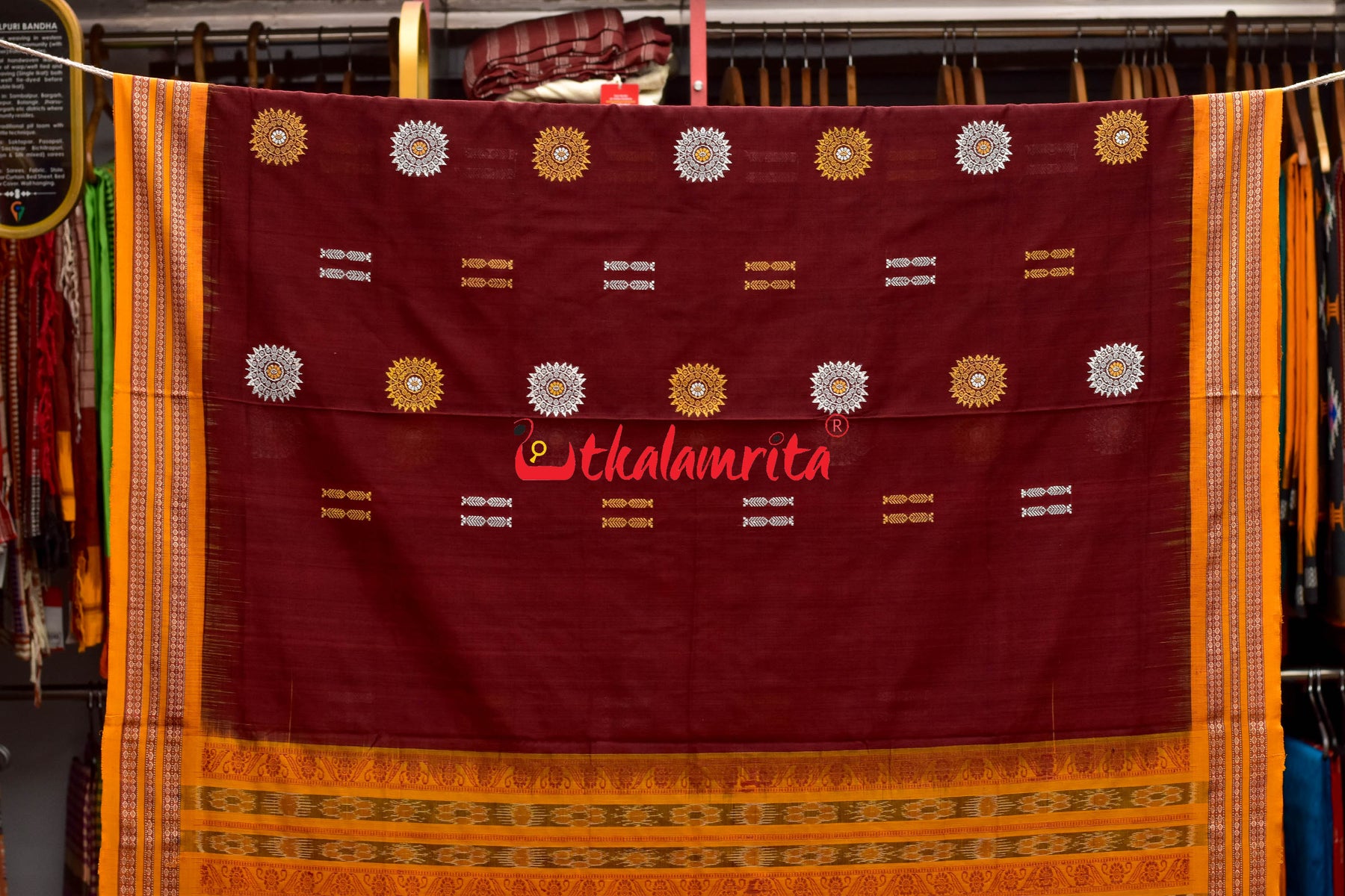 Maroon Yellow Padam Bomkai Cotton Saree