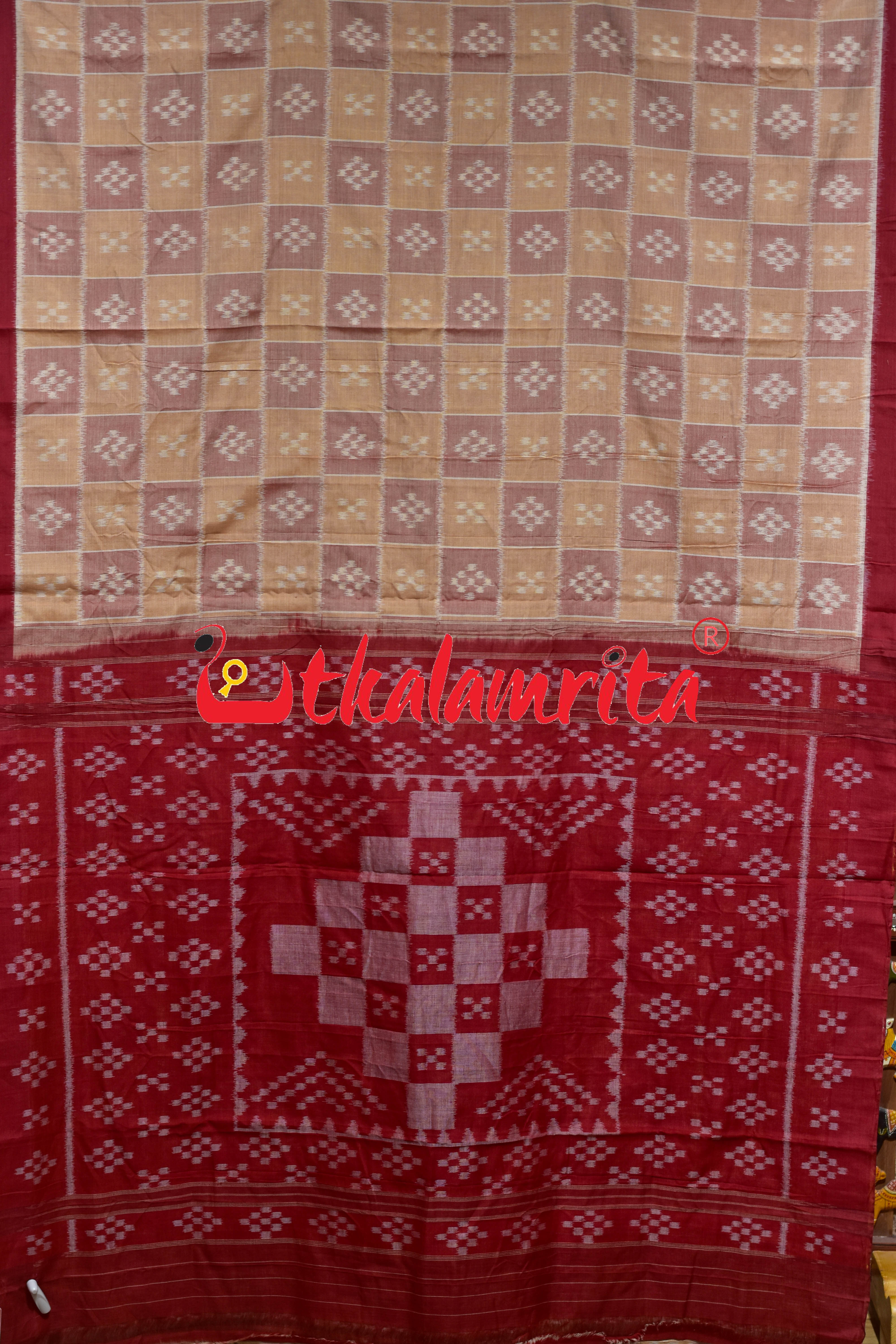 Beige Brown Body Pasapali Khandua Cotton Saree