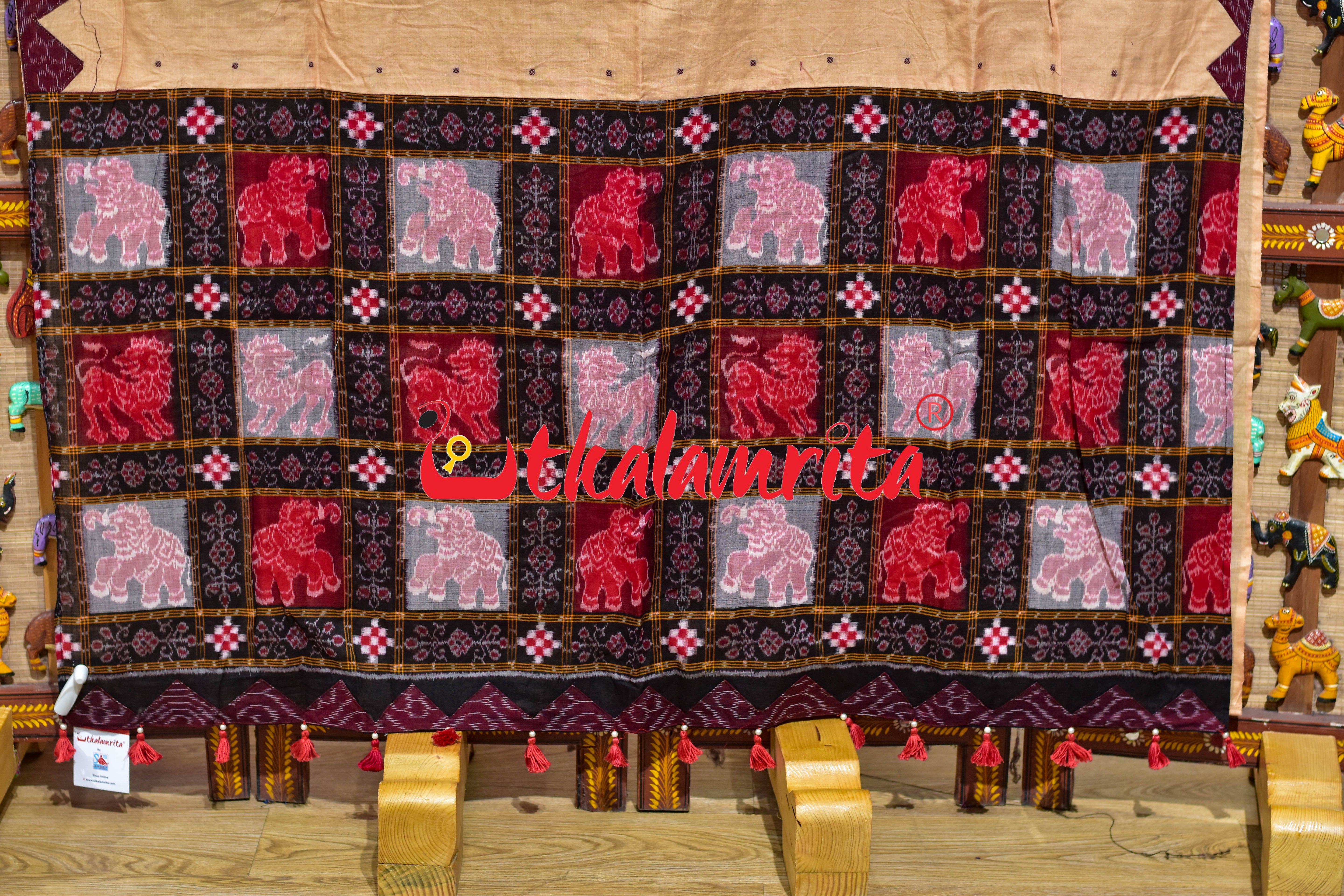 Cream with Maroon Buti Elephant Designer Cotton Saree