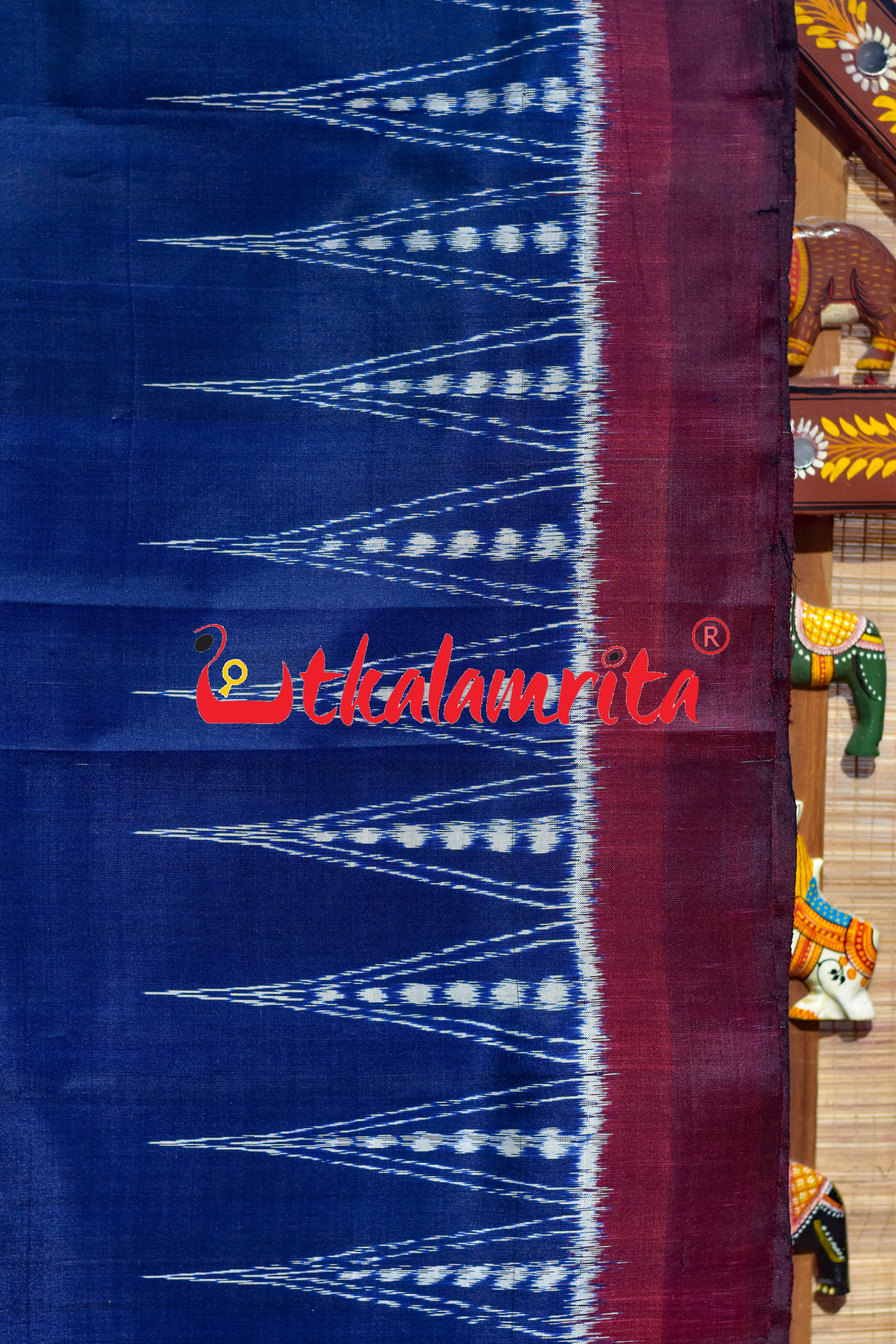 Prussian Blue Maroon Temples Jhoti Anchal Khandua Silk Saree
