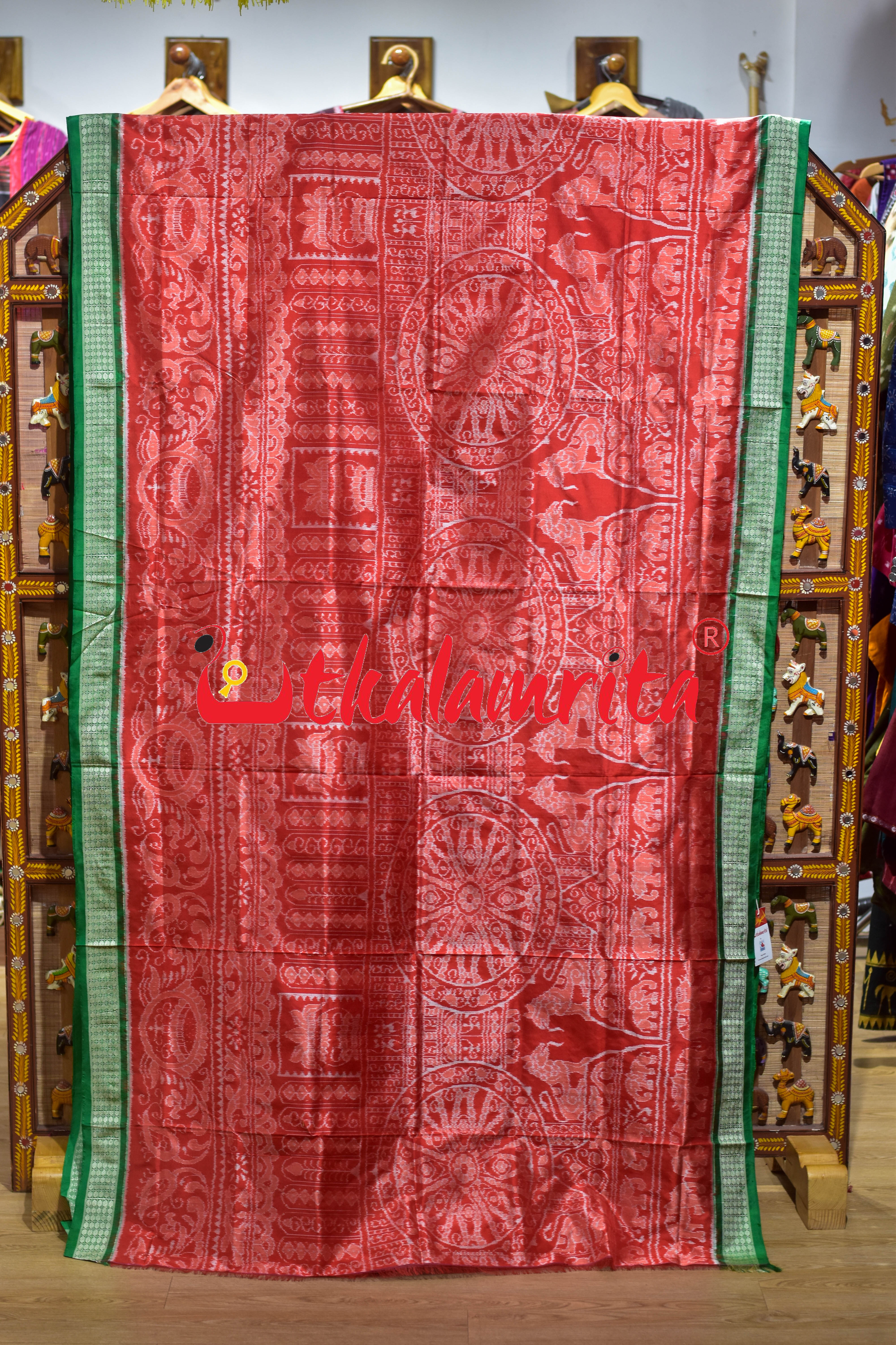 Orange Green Border Konark Theme Sambalpuri Silk Saree