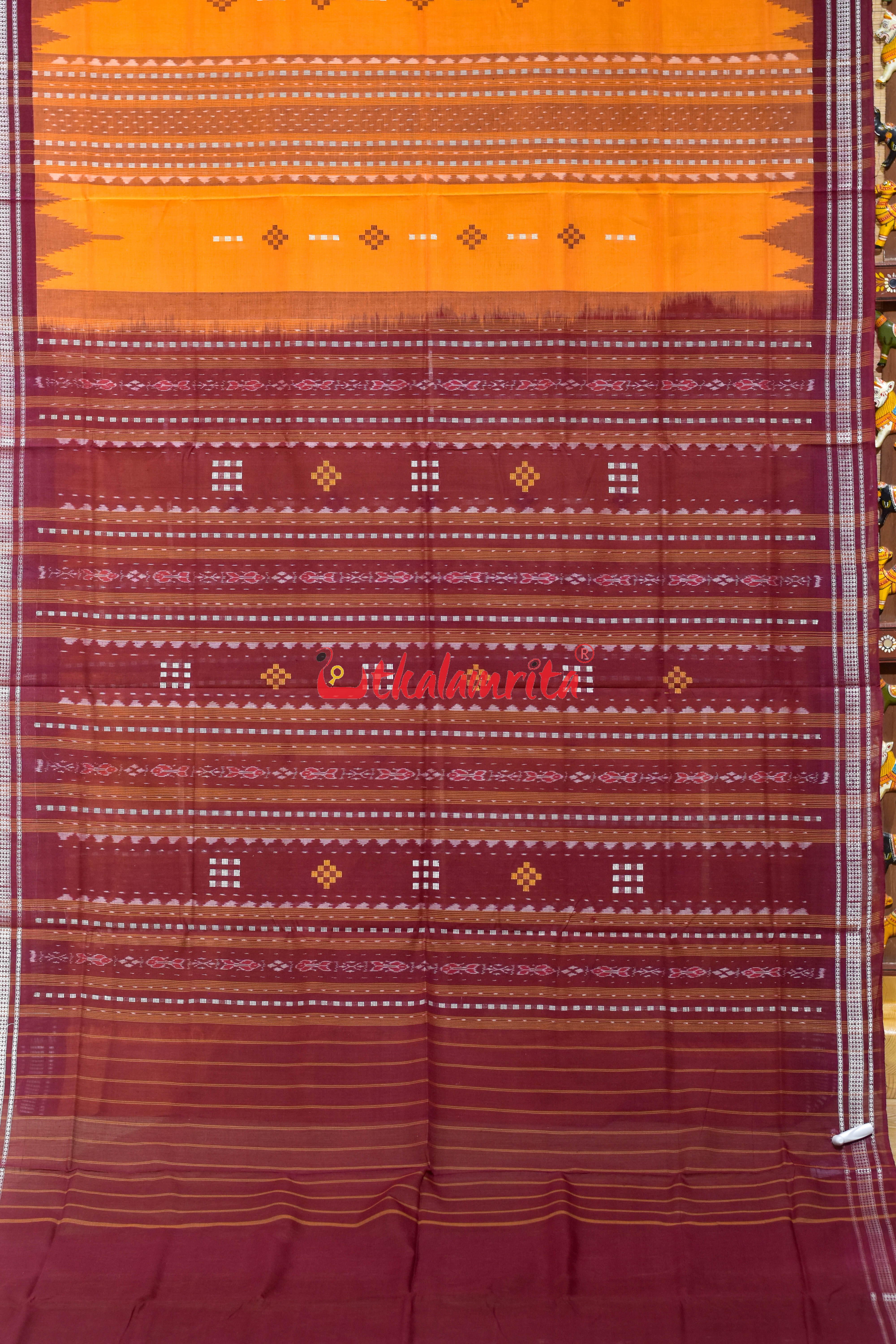 Yellow Maroon Phoda Kumbha Cotton Bapta Saree