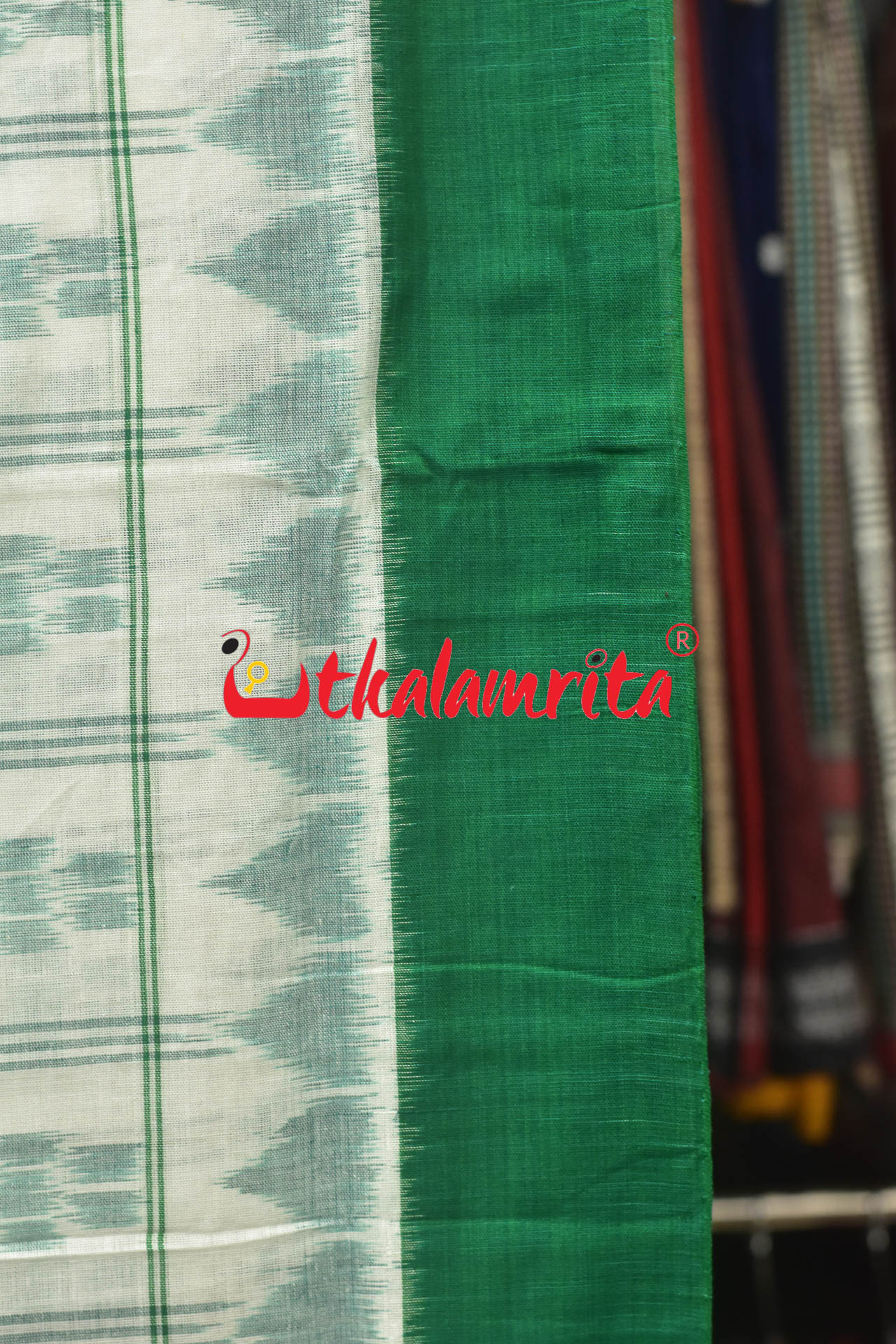 Half Half Green White Khandua Cotton Checks Saree