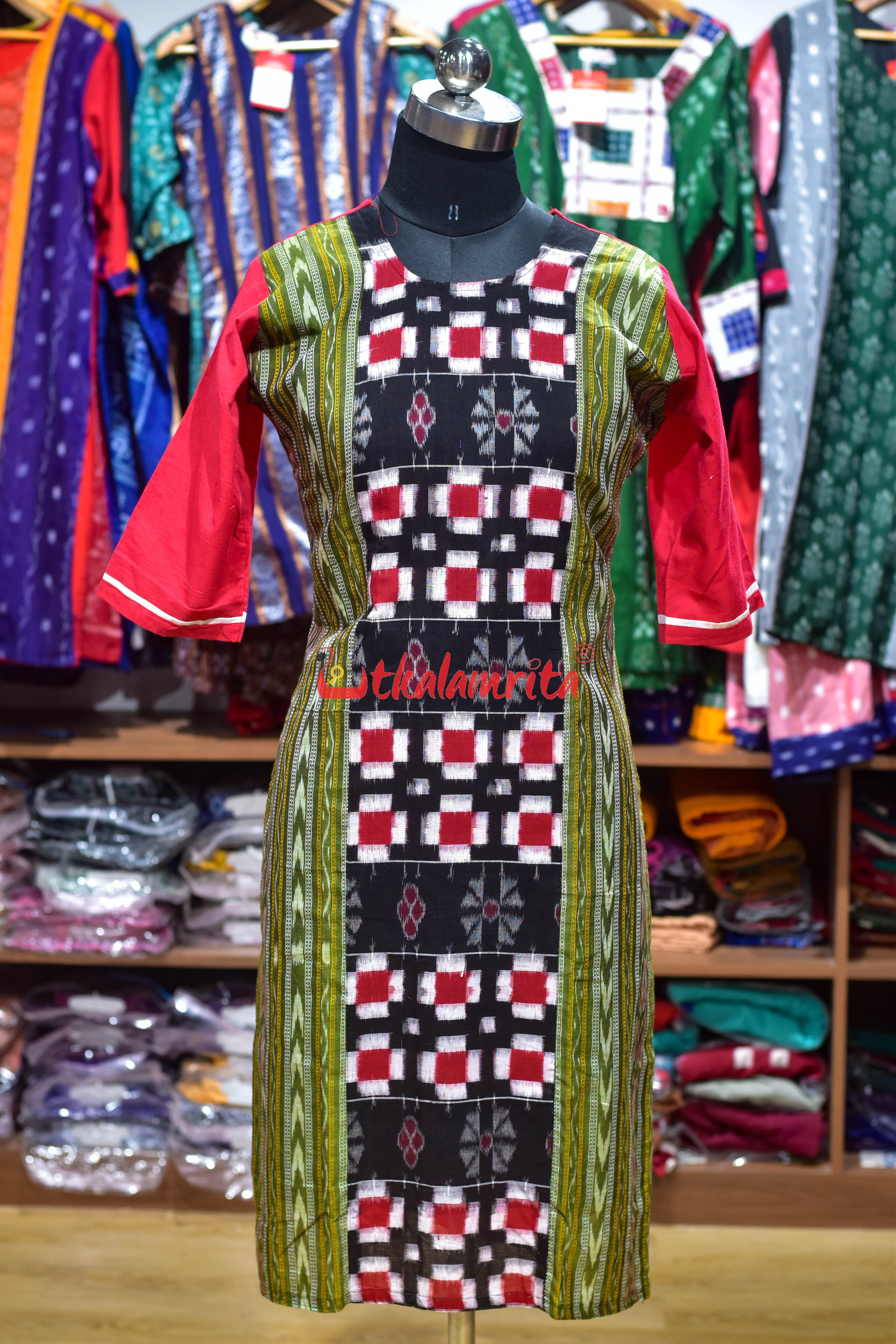 Red Green Ikat Ladies Kurti