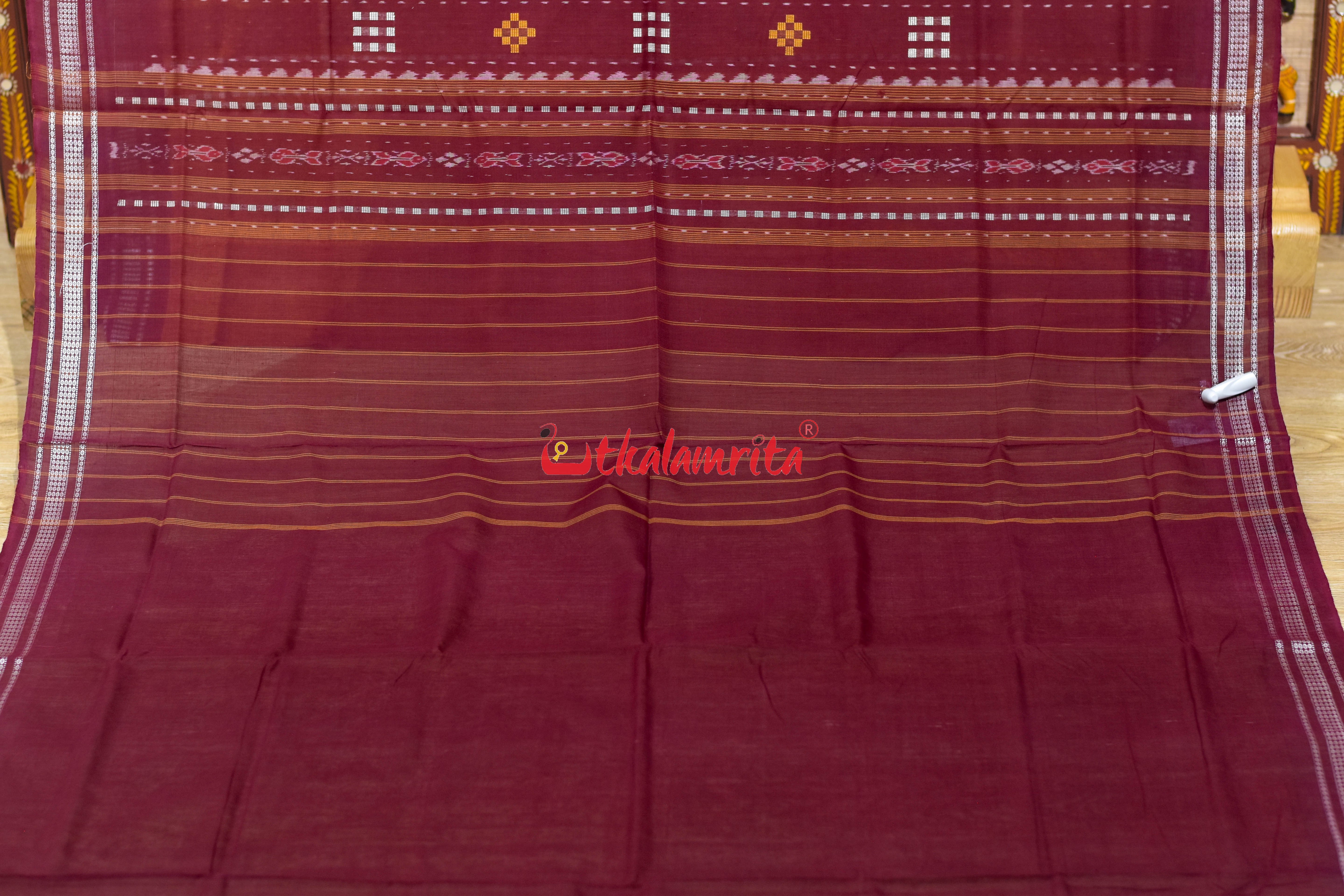 Yellow Maroon Phoda Kumbha Cotton Bapta Saree