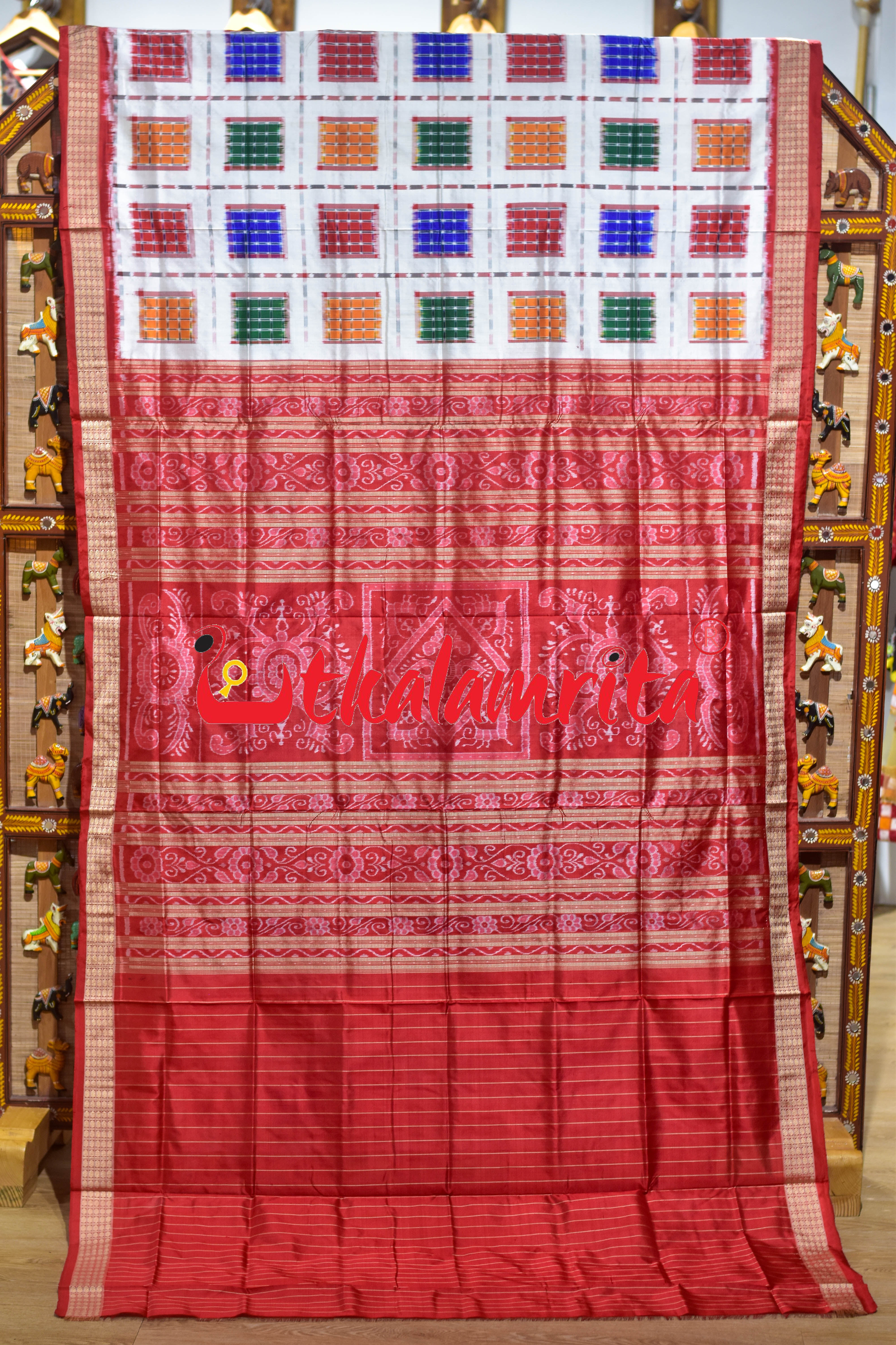 White Red Big Aswini Sambalpuri Silk Saree