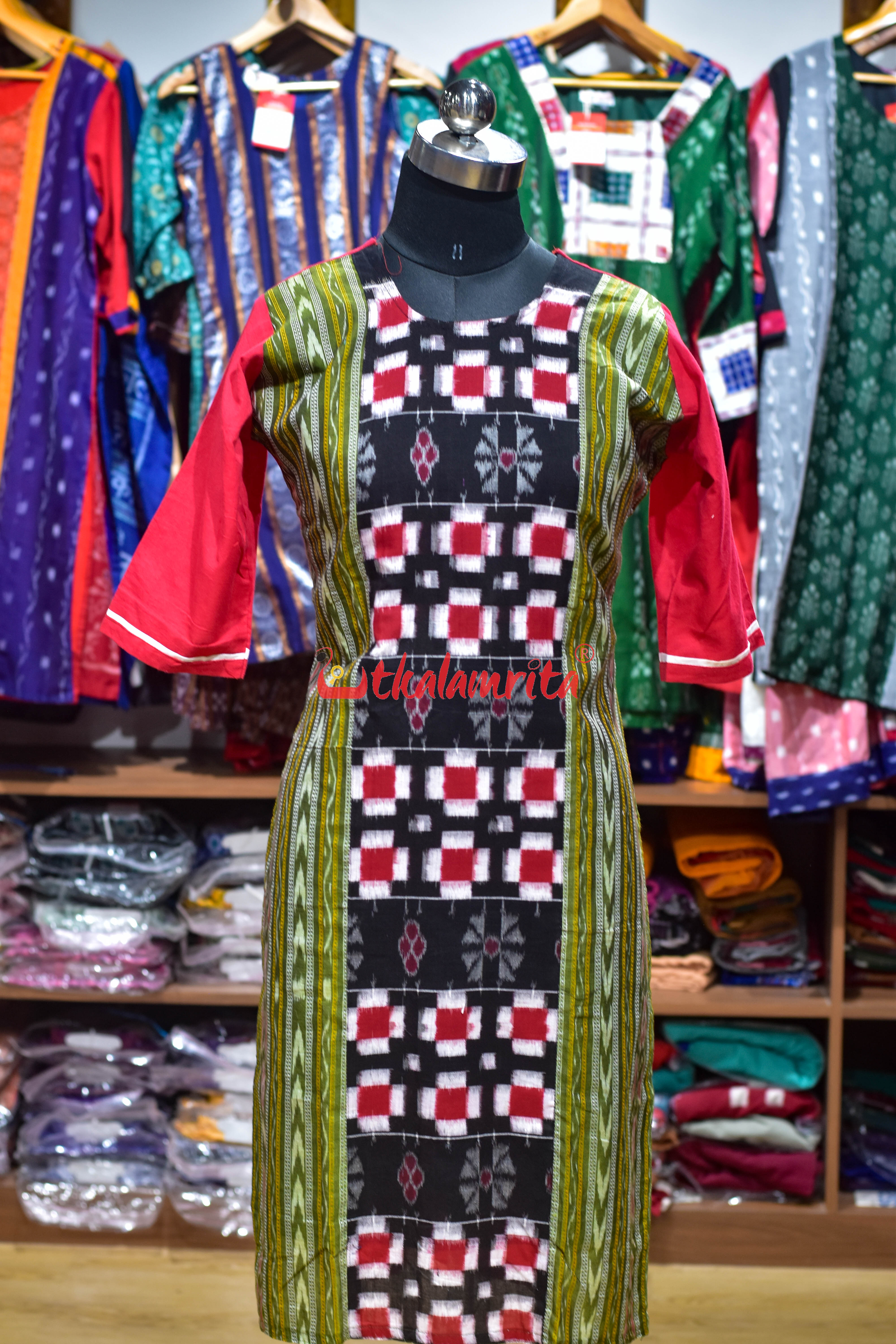 Red Green Ikat Ladies Kurti