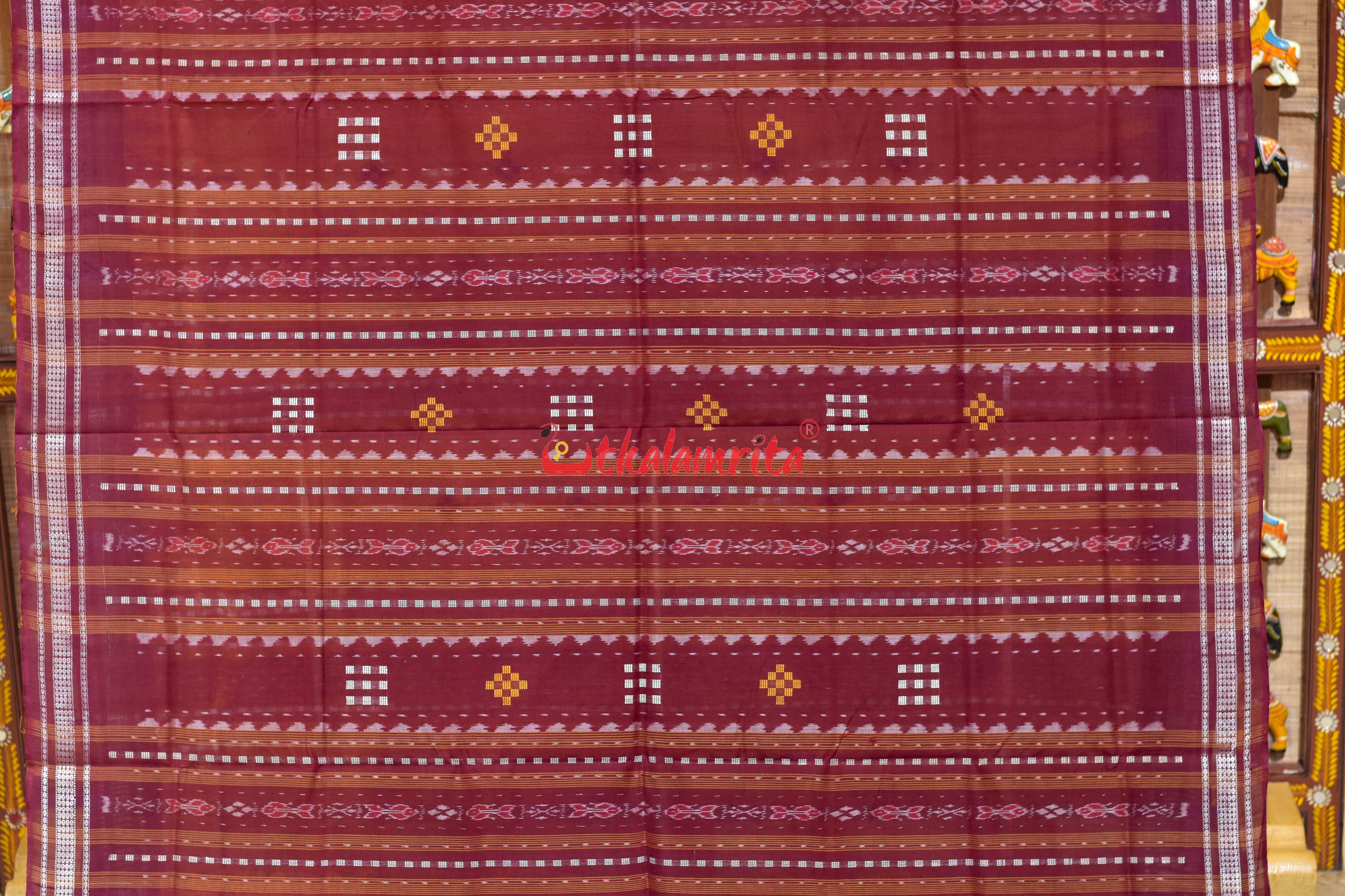 Yellow Maroon Phoda Kumbha Cotton Bapta Saree