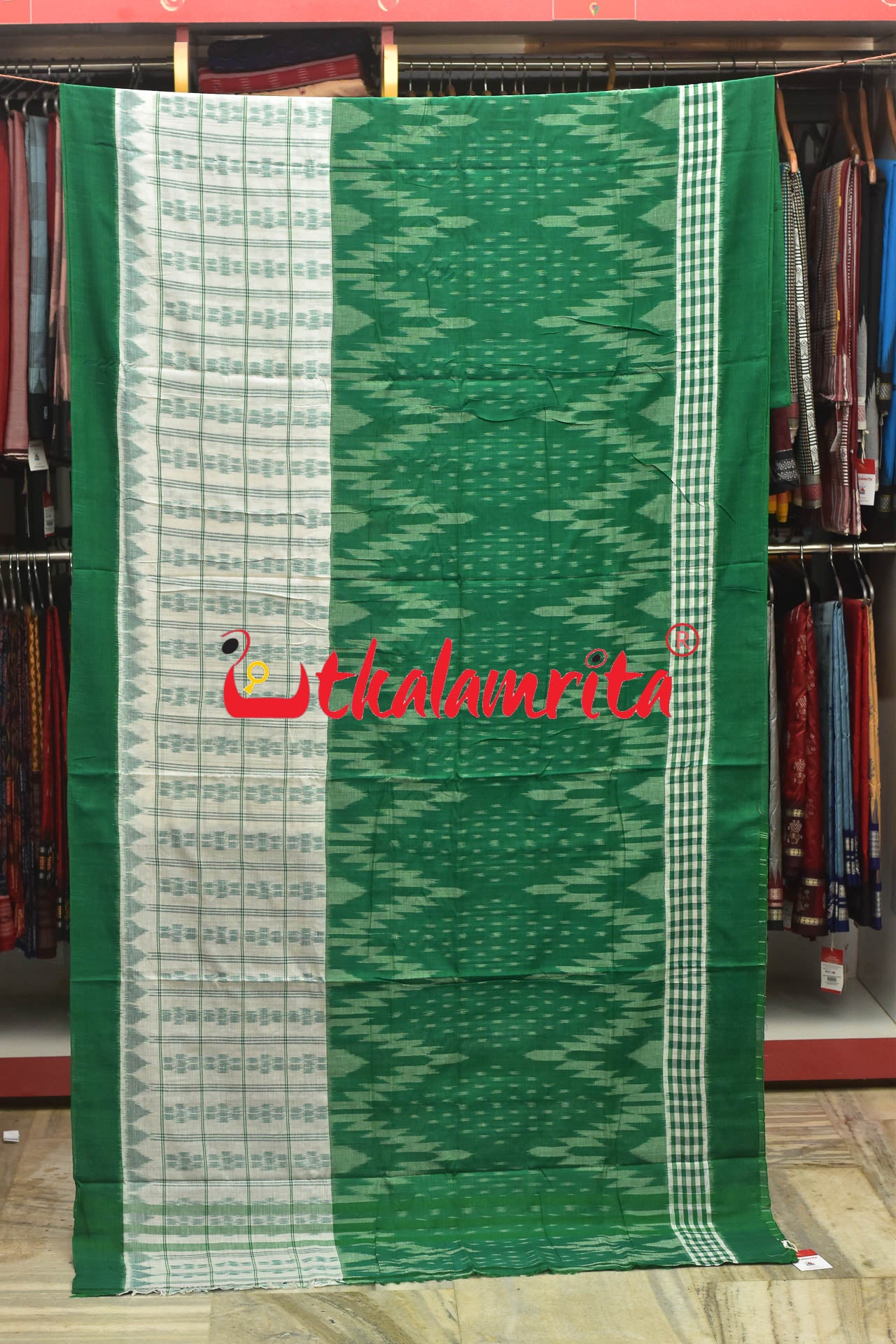 Half Half Green White Khandua Cotton Checks Saree