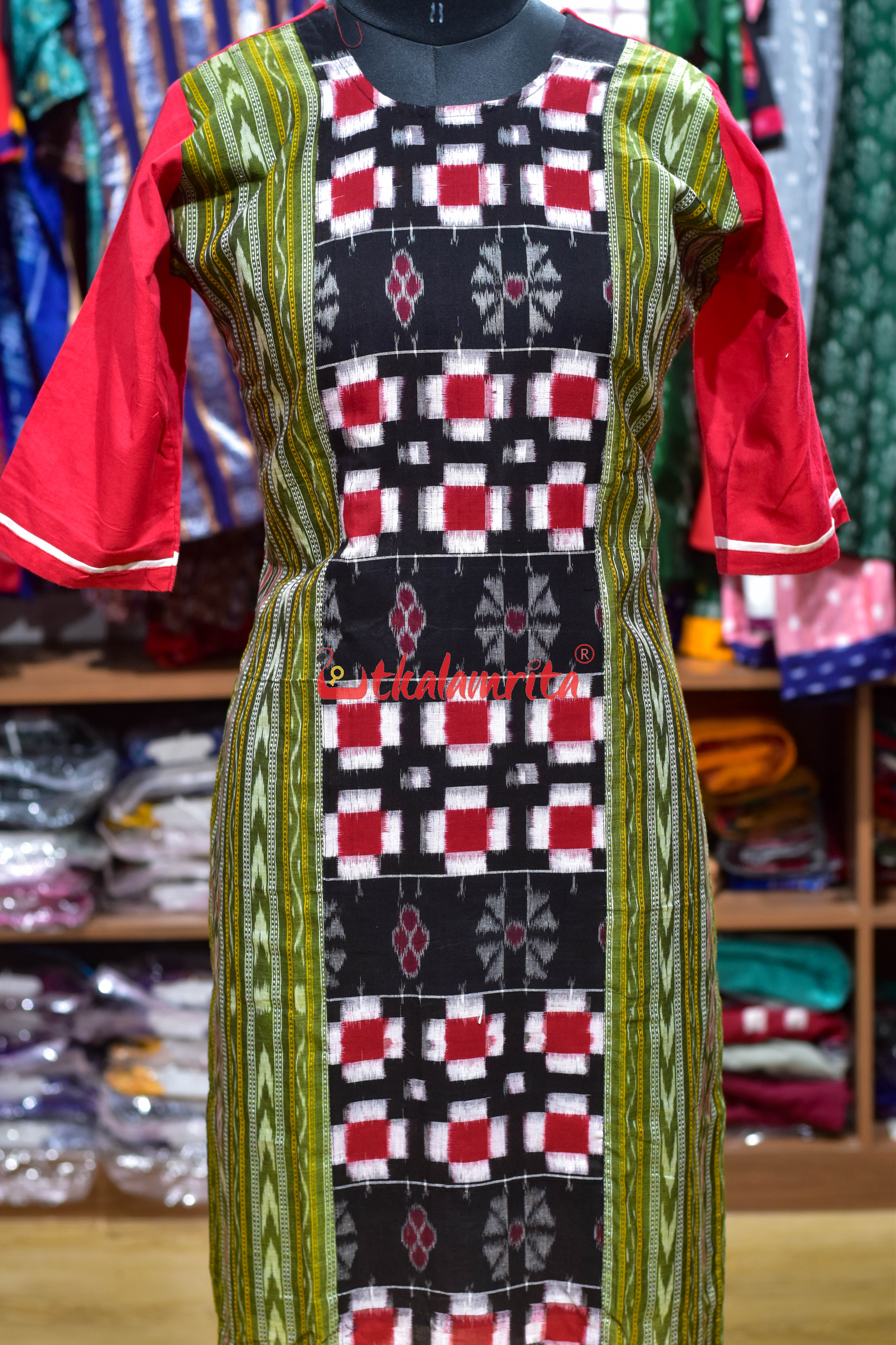 Red Green Ikat Ladies Kurti