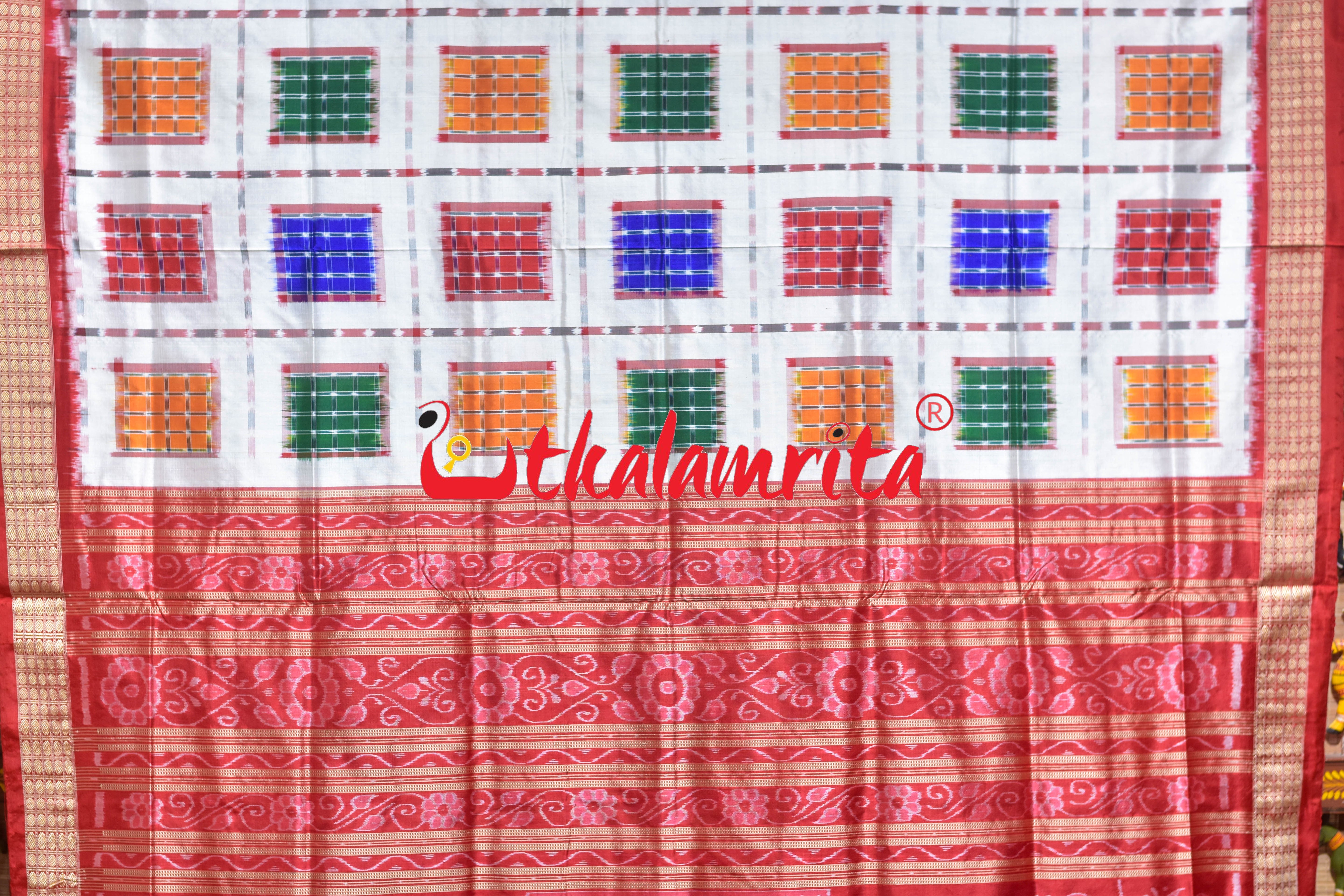 White Red Big Aswini Sambalpuri Silk Saree