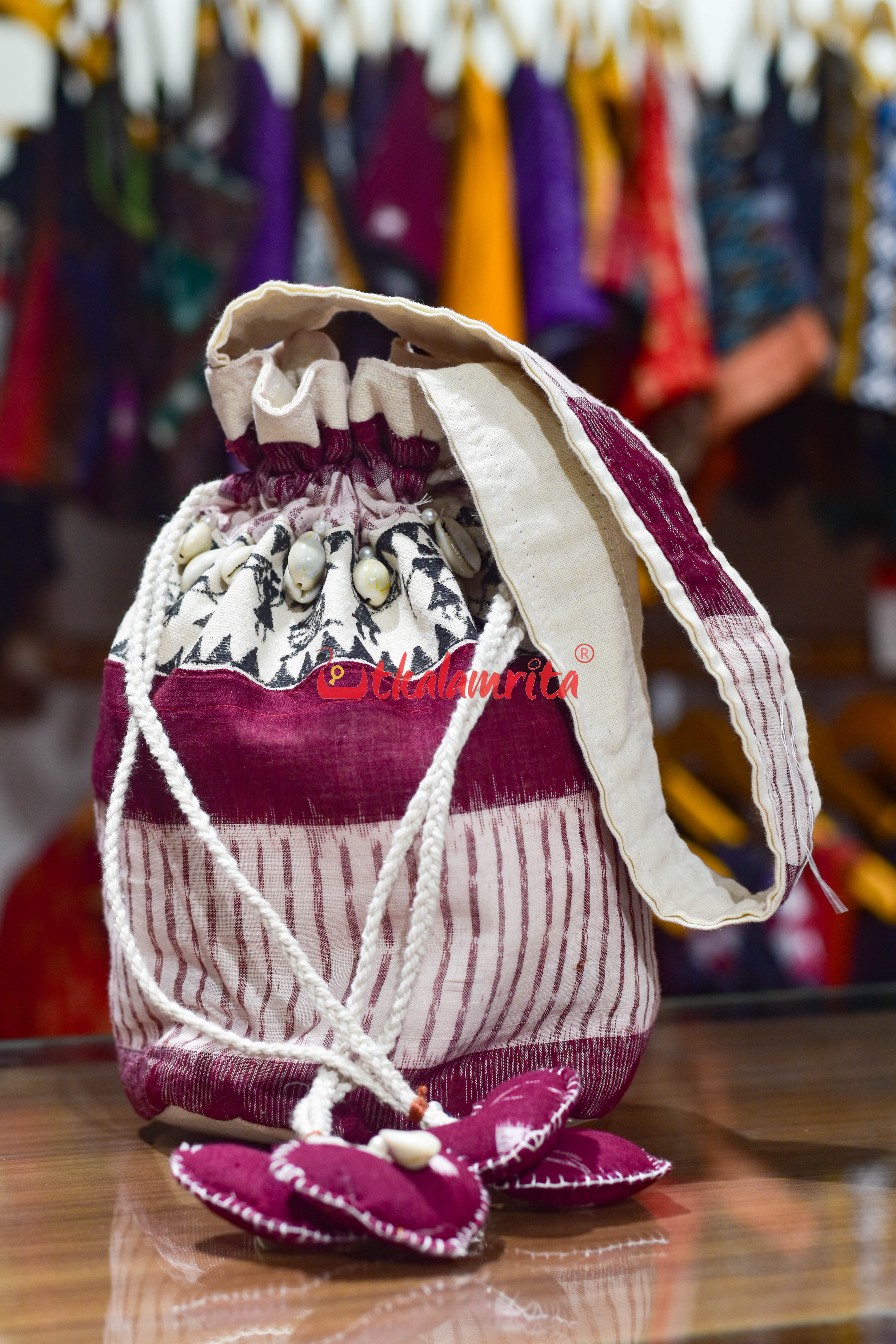 Maroon White Stripes with Tribals Potli Bag