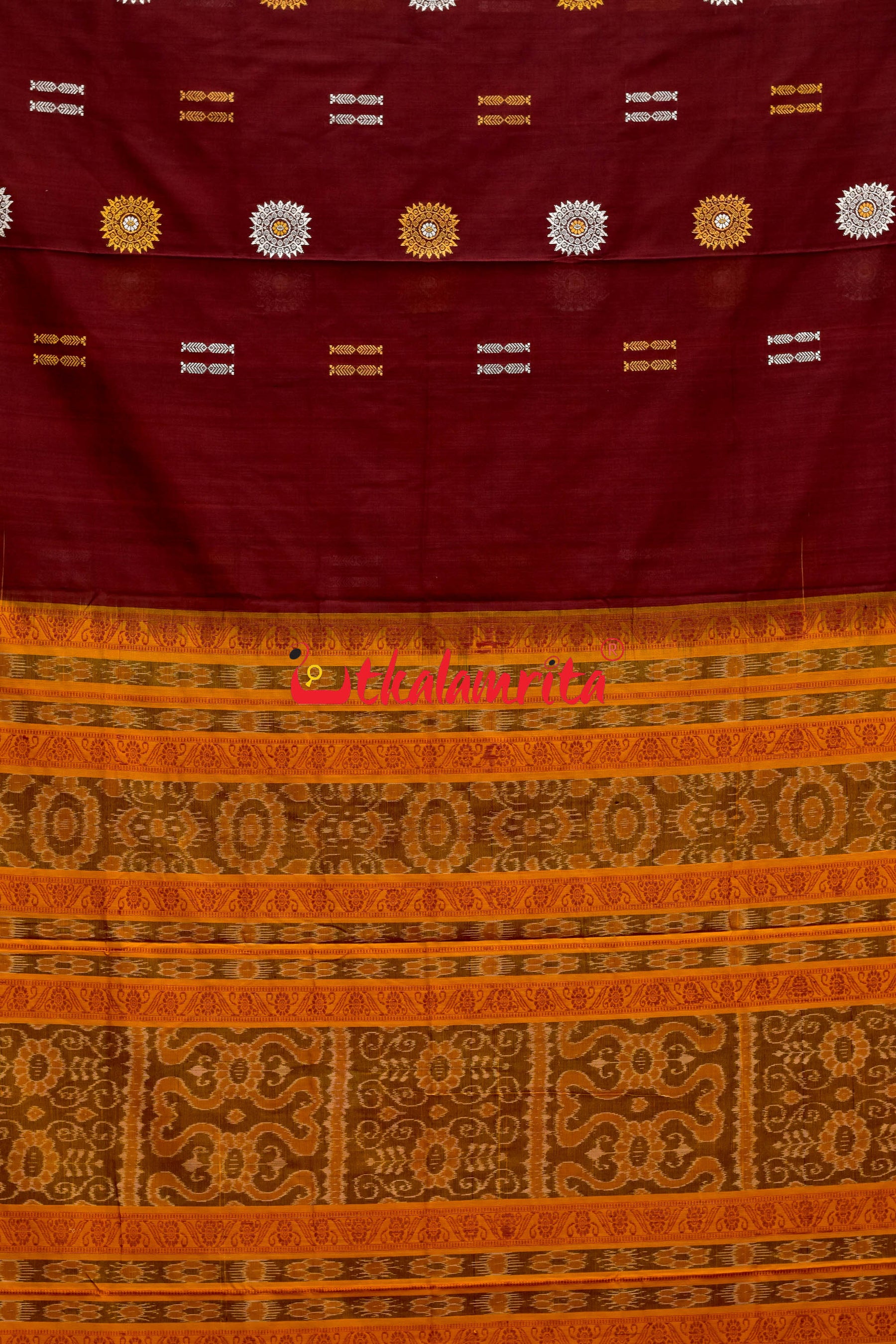 Maroon Yellow Padam Bomkai Cotton Saree