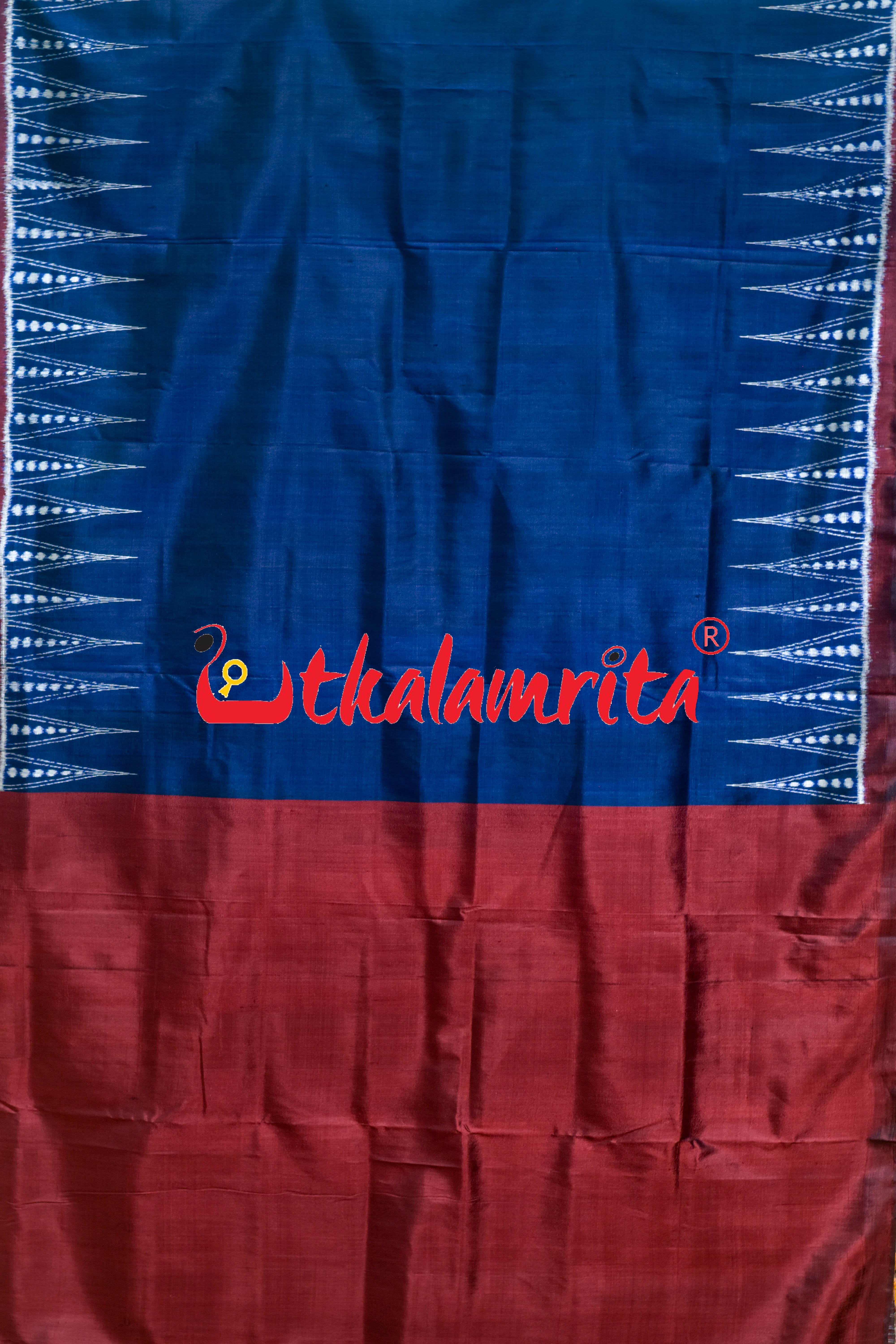 Prussian Blue Maroon Temples Jhoti Anchal Khandua Silk Saree