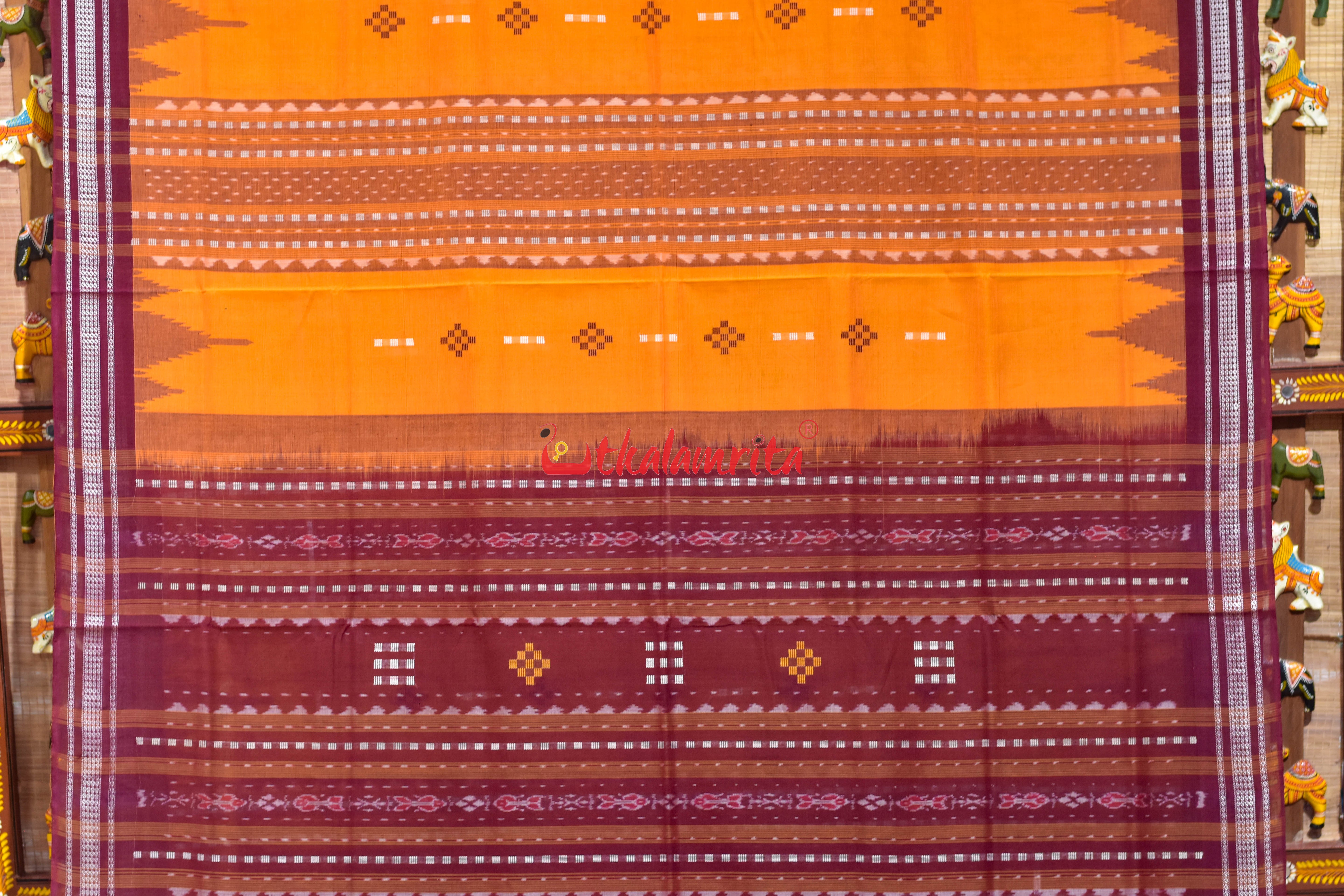 Yellow Maroon Phoda Kumbha Cotton Bapta Saree