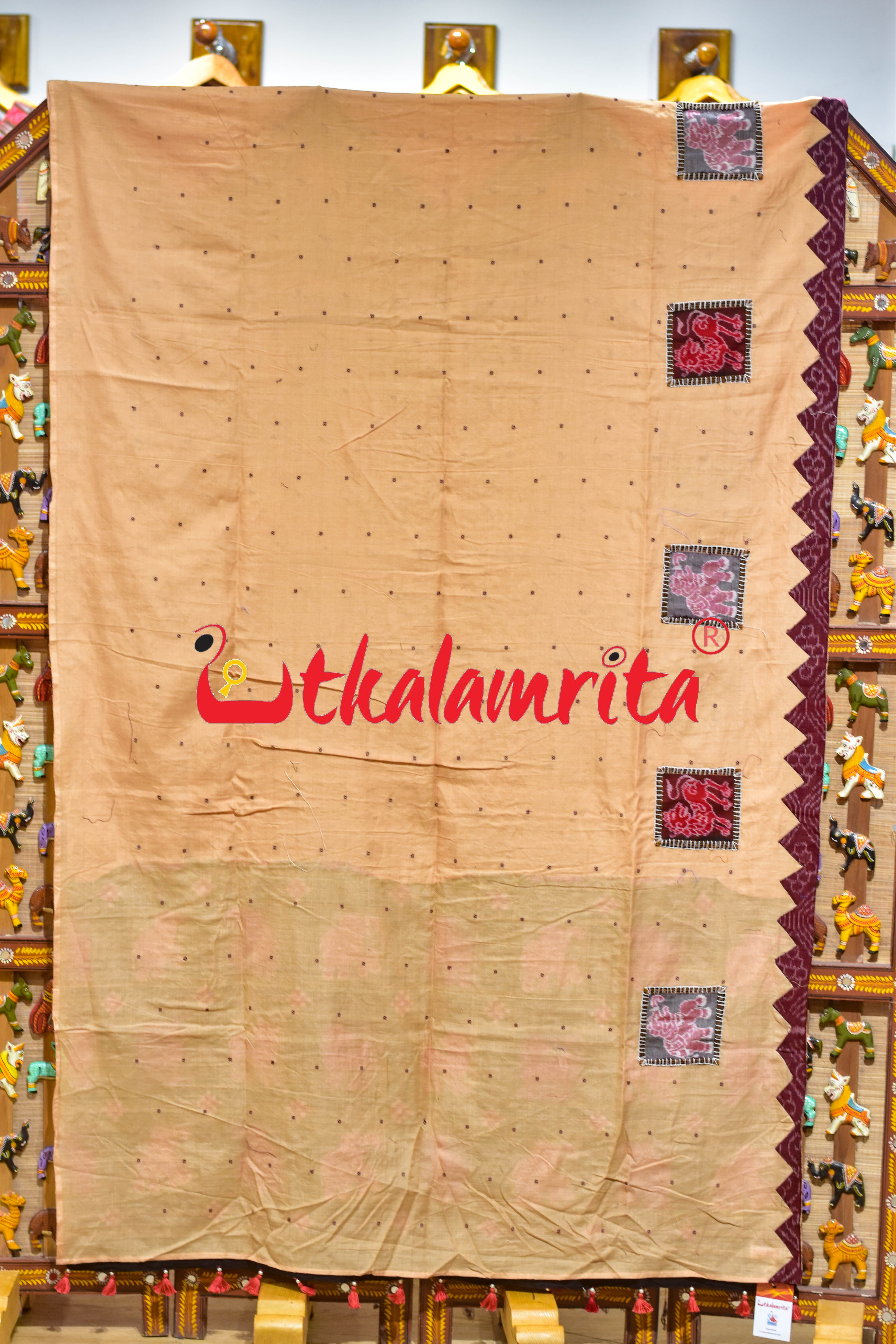 Cream with Maroon Buti Elephant Designer Cotton Saree