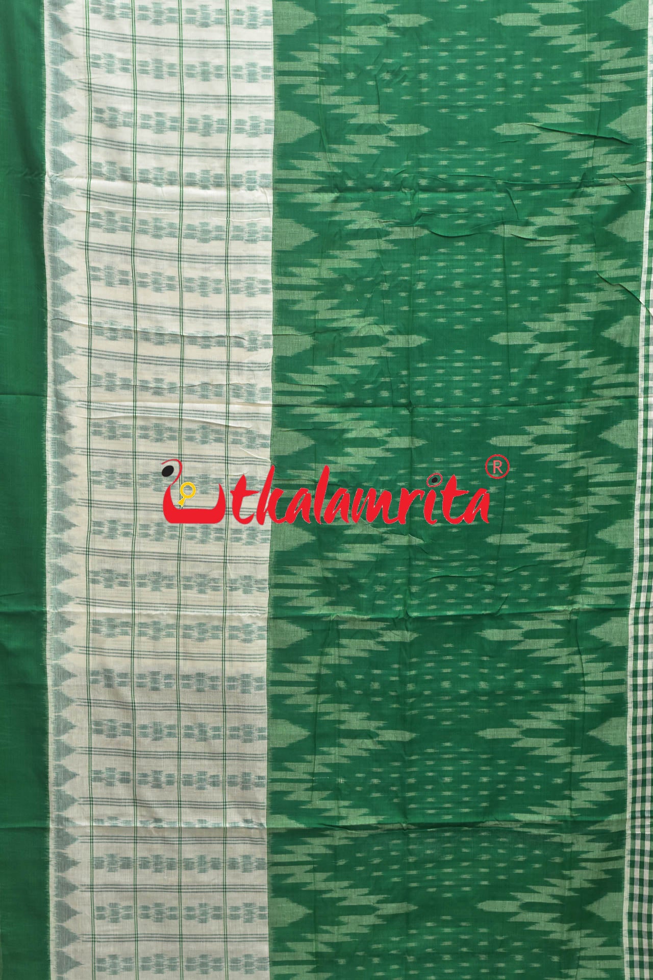 Half Half Green White Khandua Cotton Checks Saree