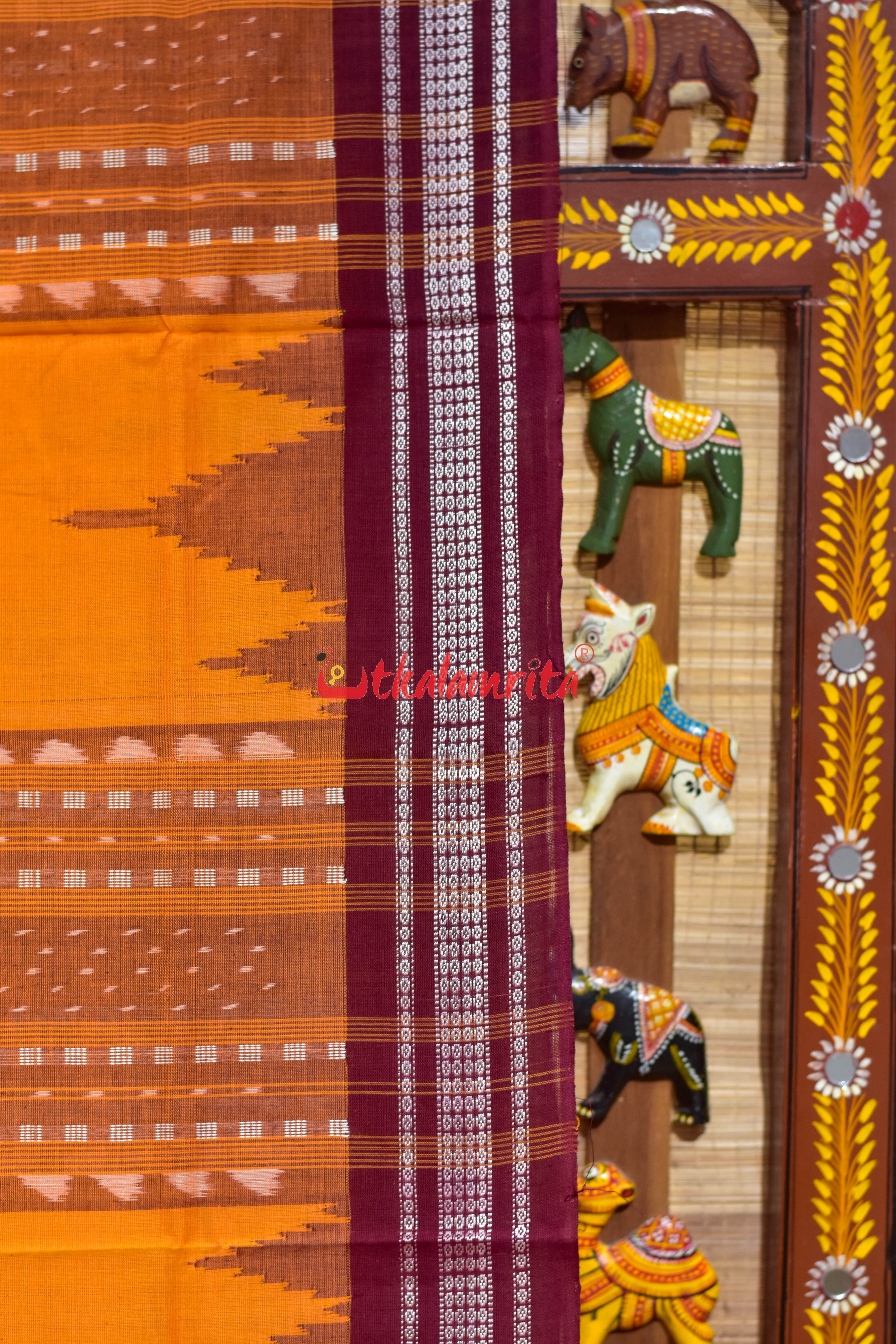Yellow Maroon Phoda Kumbha Cotton Bapta Saree