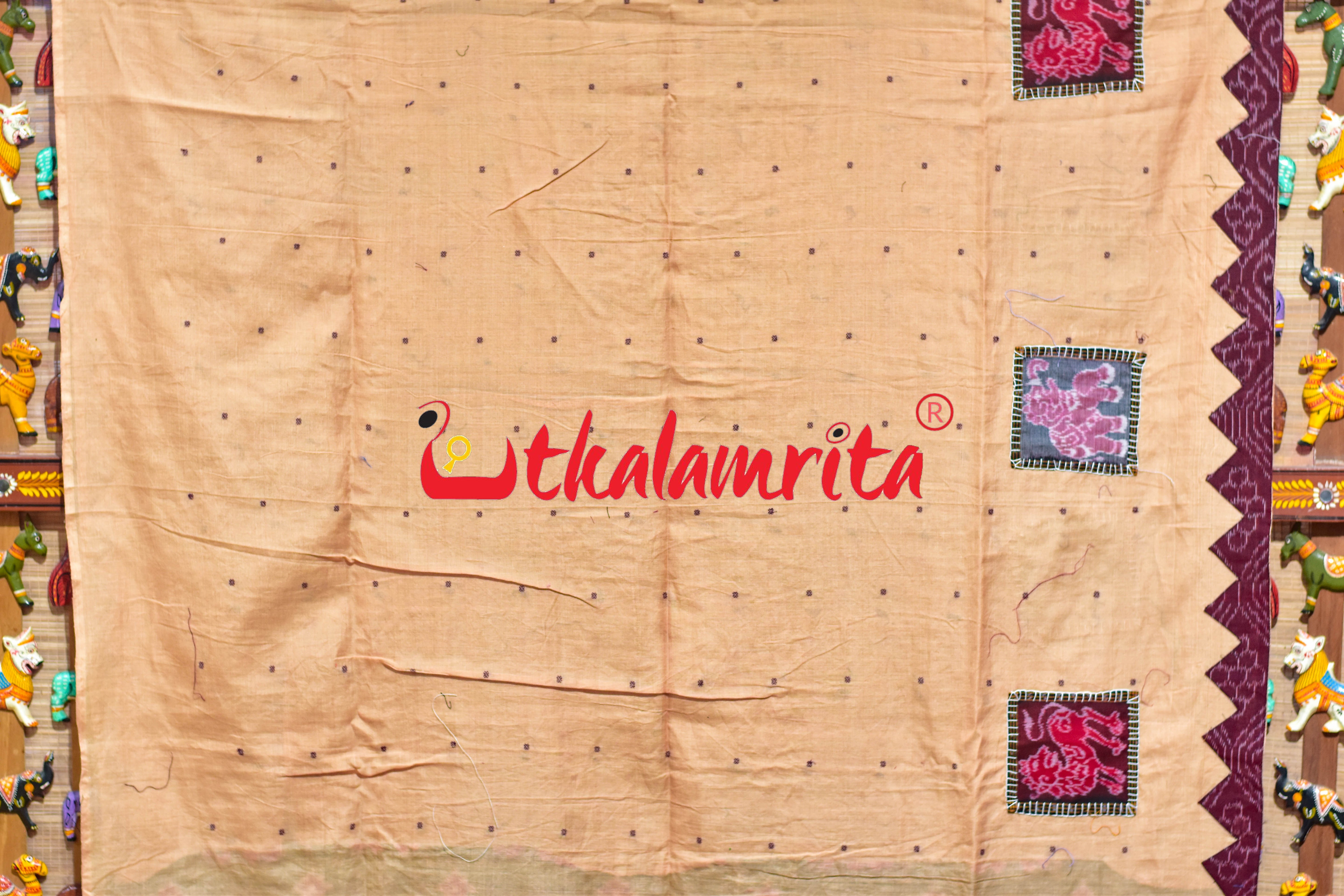 Cream with Maroon Buti Elephant Designer Cotton Saree