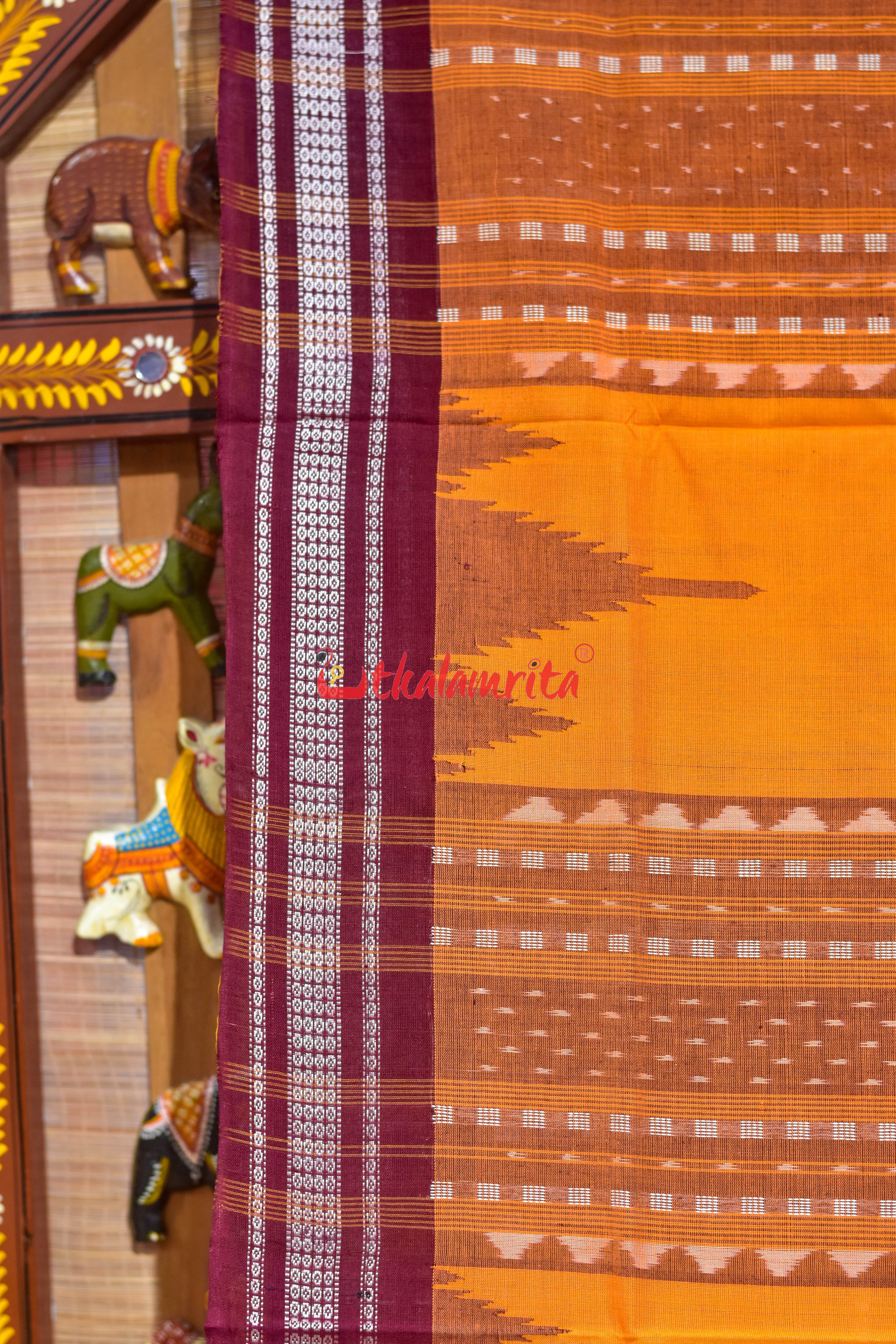 Yellow Maroon Phoda Kumbha Cotton Bapta Saree