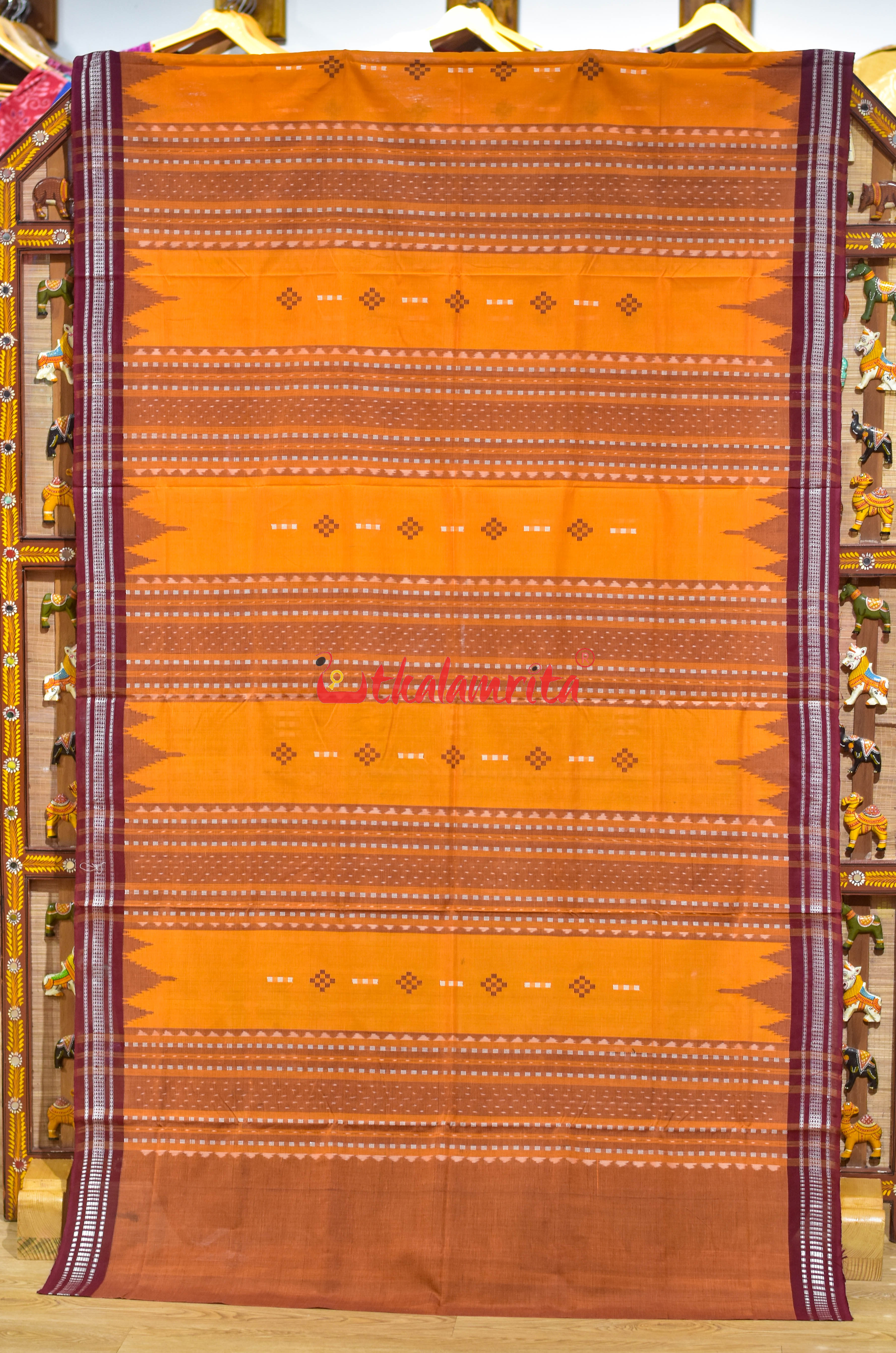Yellow Maroon Phoda Kumbha Cotton Bapta Saree