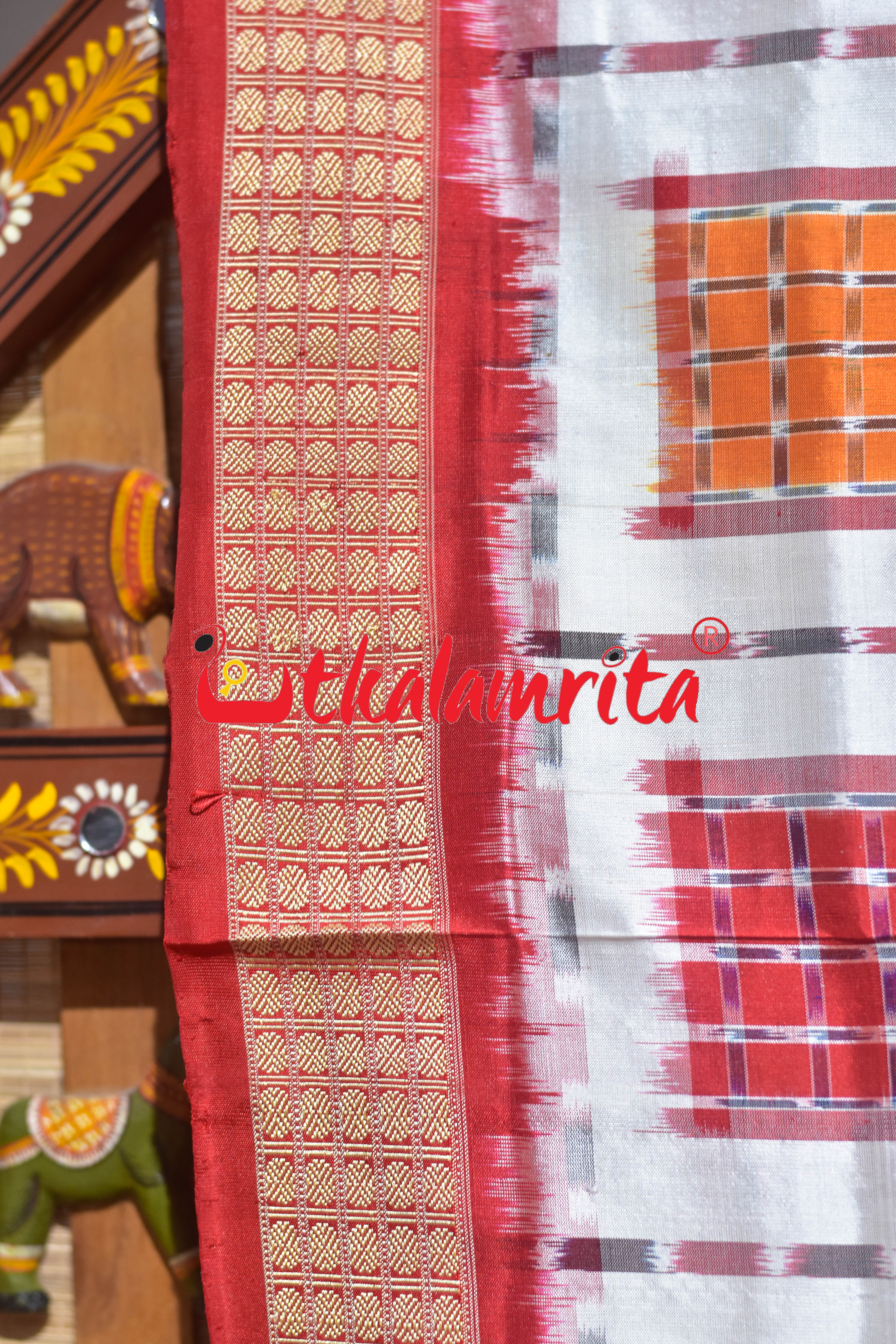White Red Big Aswini Sambalpuri Silk Saree