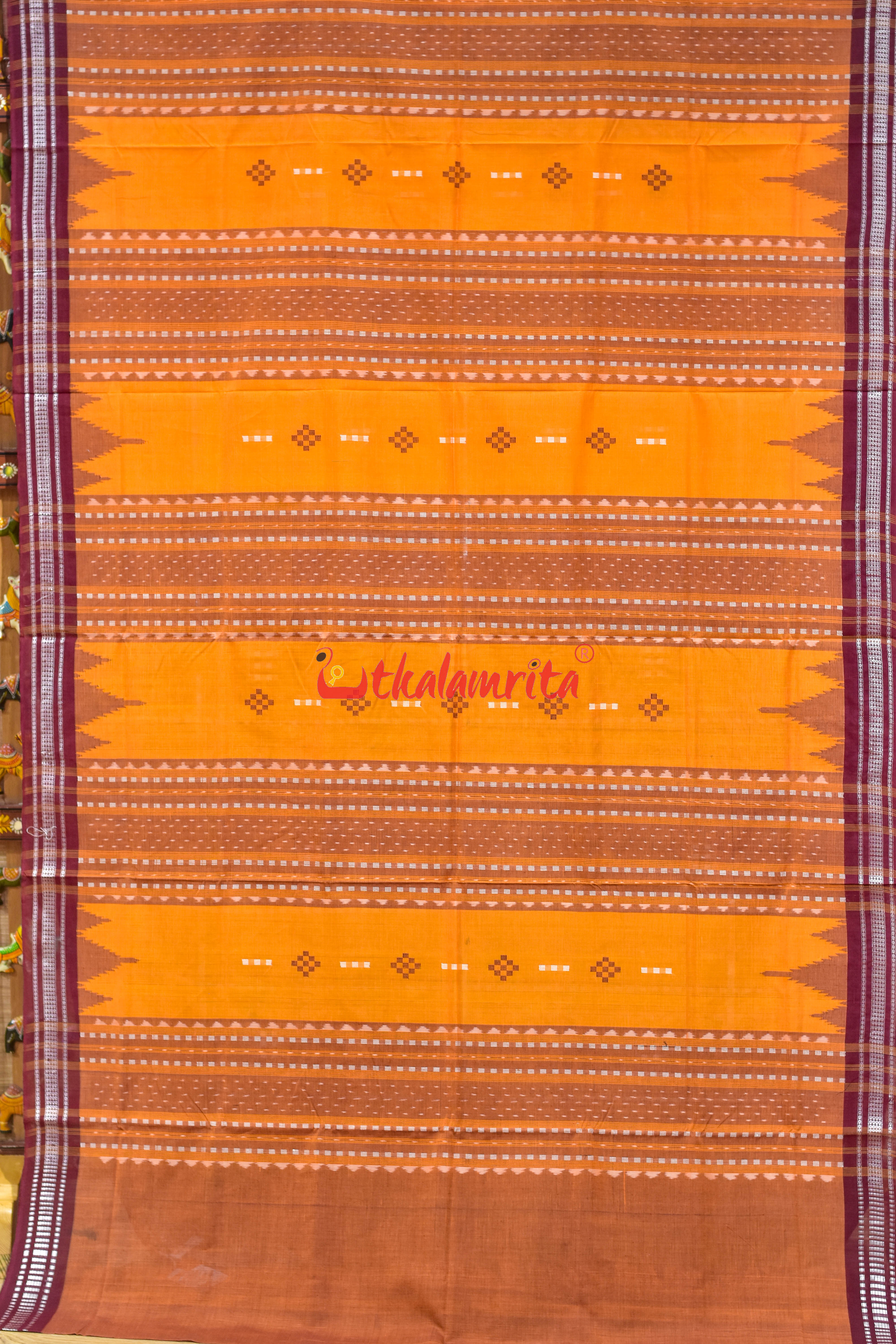 Yellow Maroon Phoda Kumbha Cotton Bapta Saree