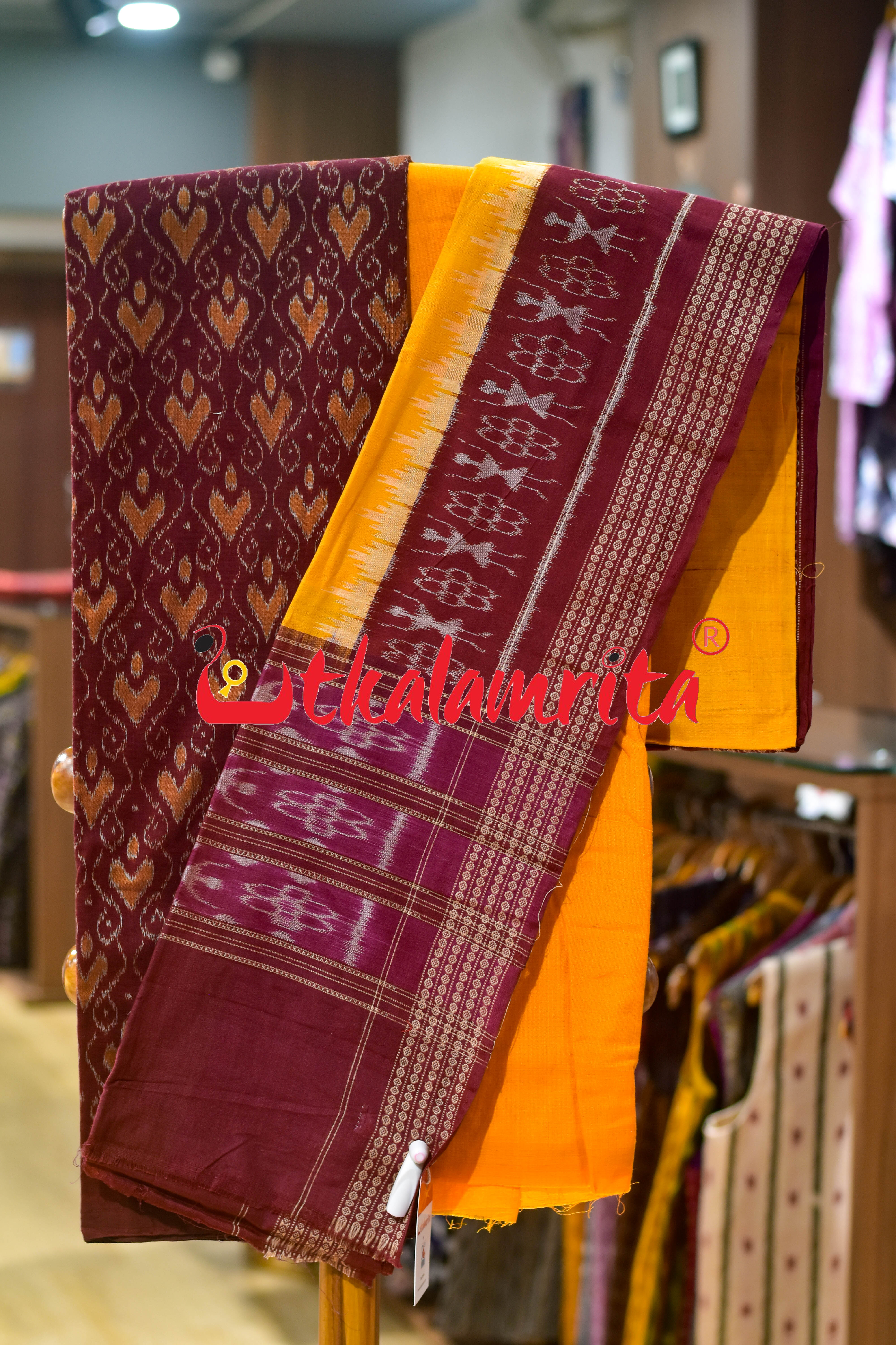 Maroon Mustard Heart Sambalpuri Cotton Dress Set