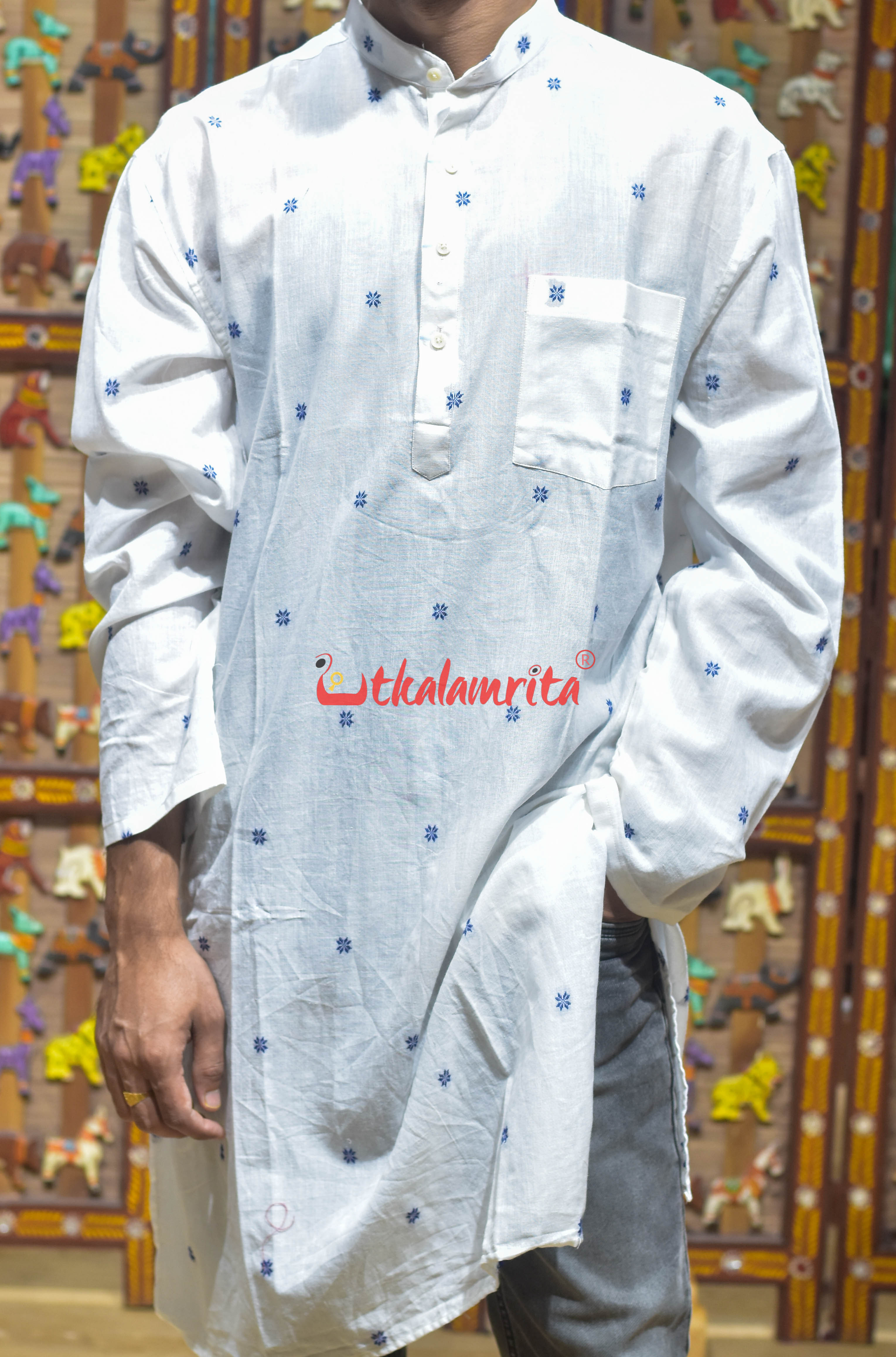 White Flower Buti (Men's Long Kurta)