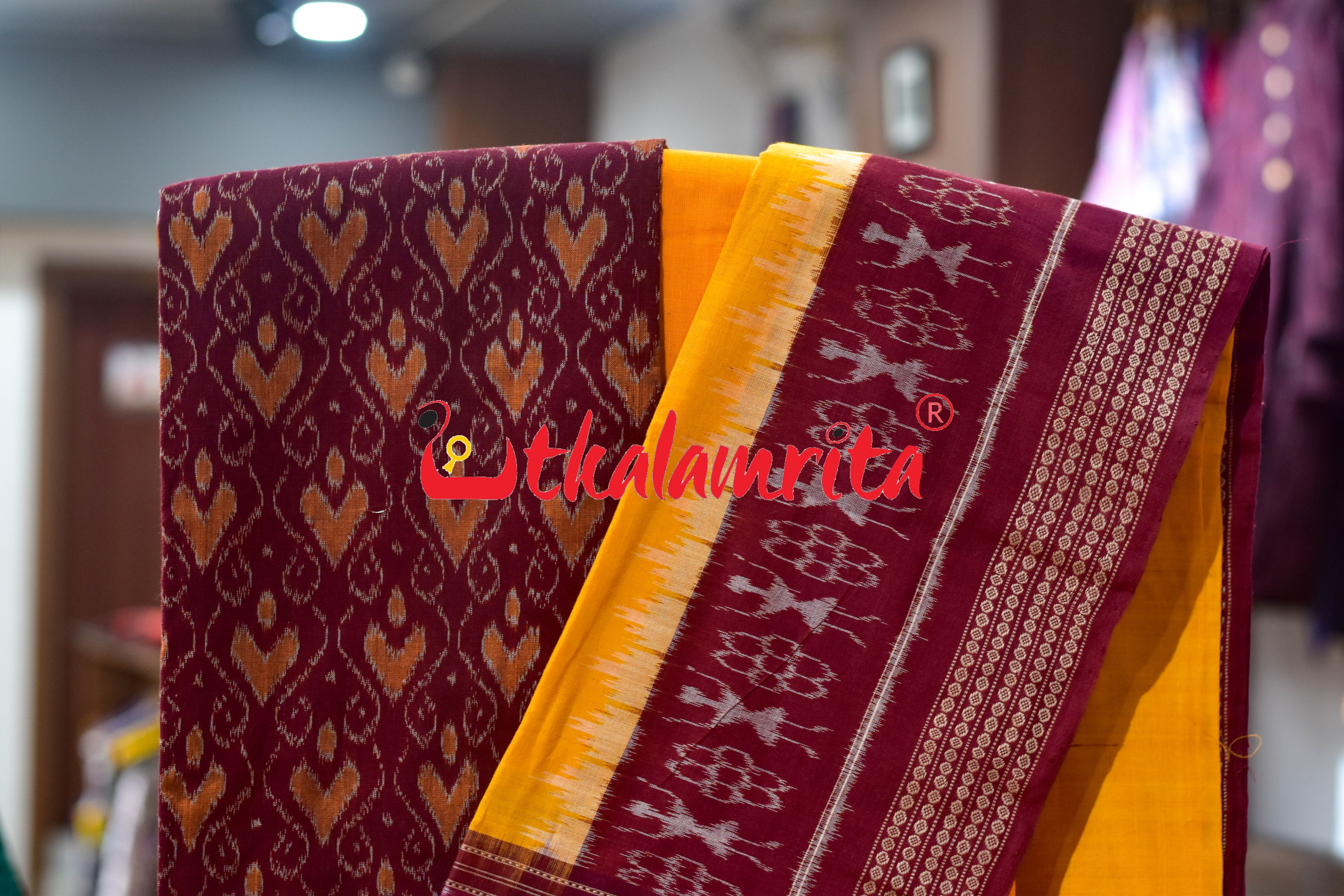 Maroon Mustard Heart Sambalpuri Cotton Dress Set