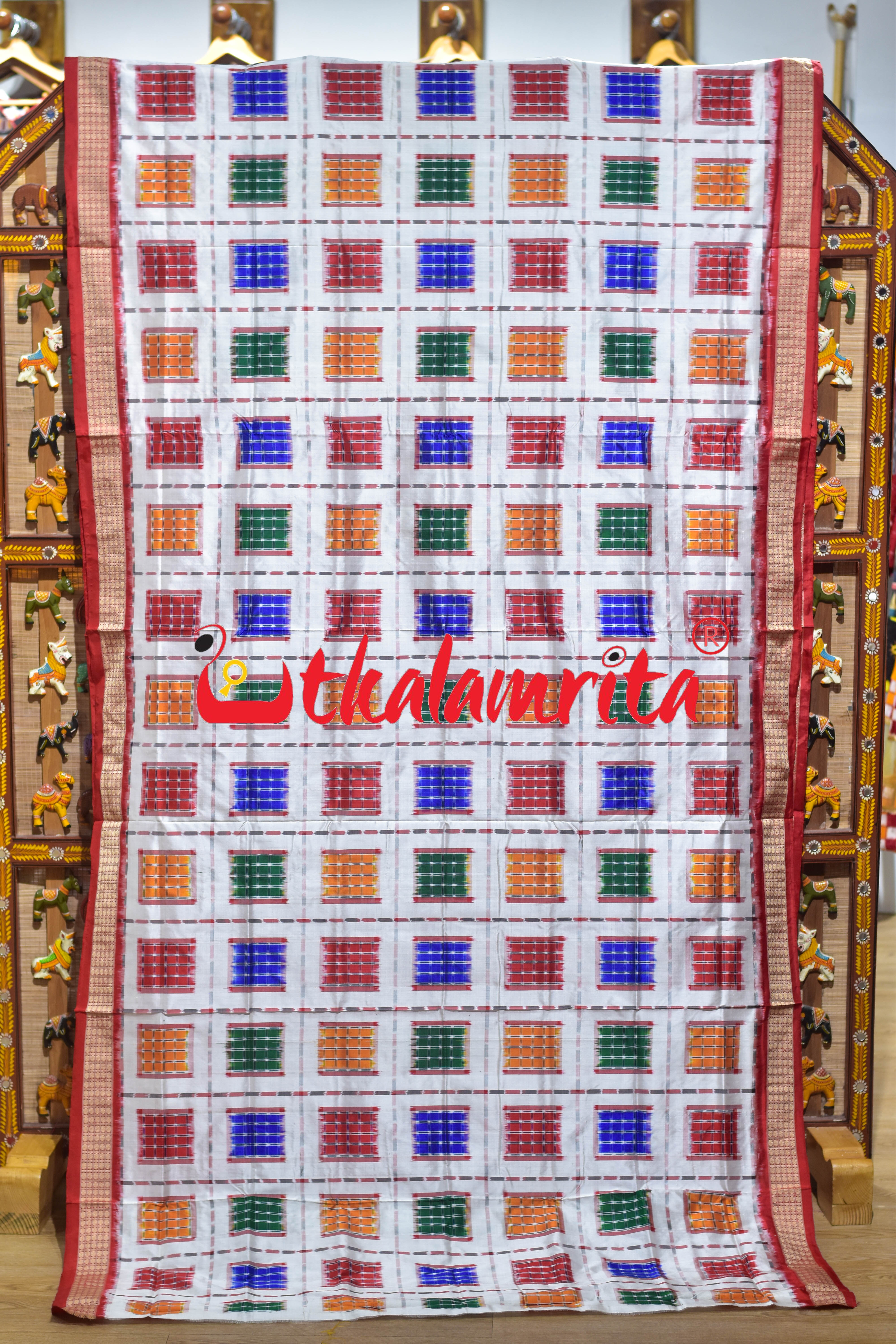 White Red Big Aswini Sambalpuri Silk Saree