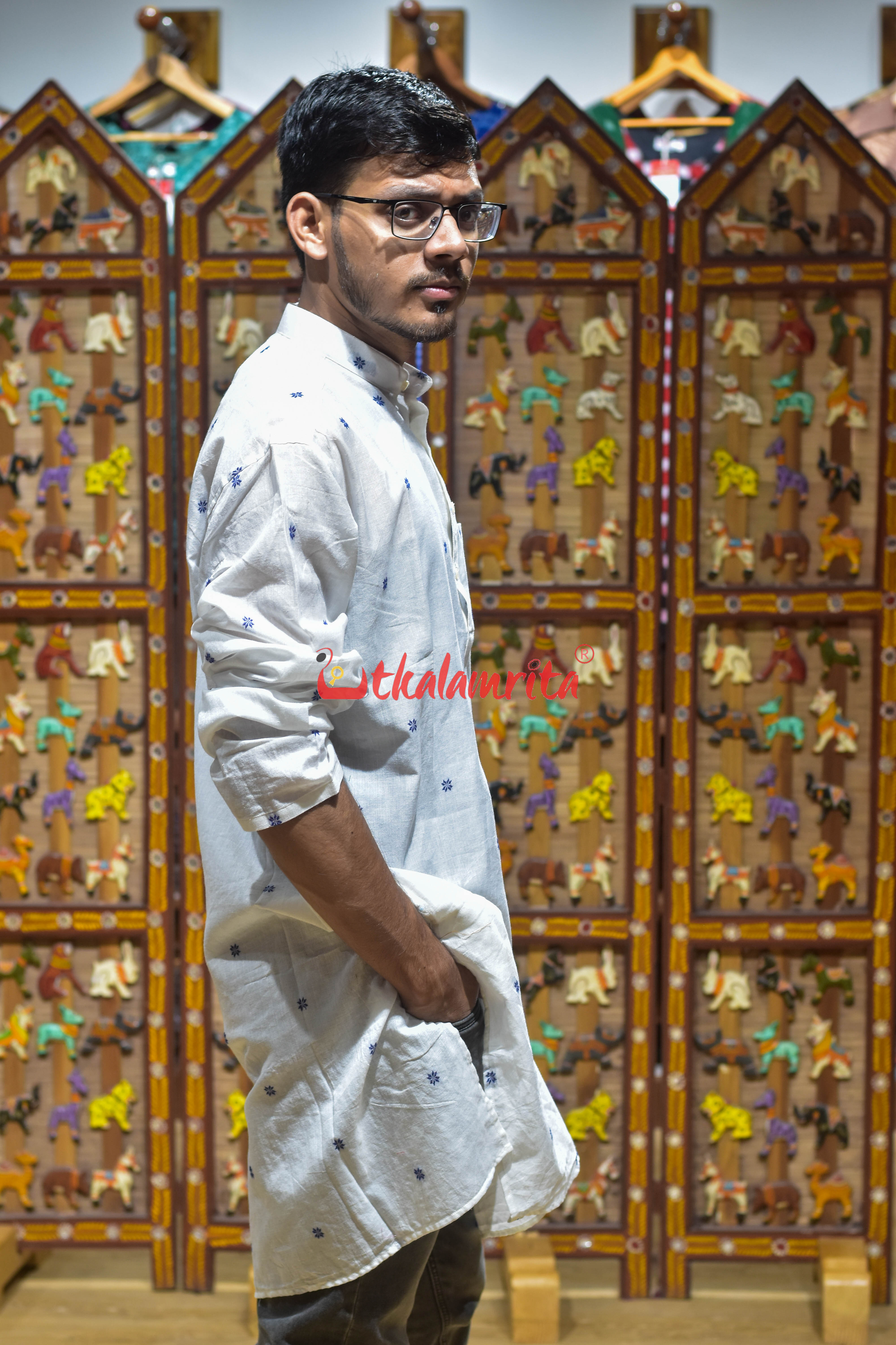 White Flower Buti (Men's Long Kurta)