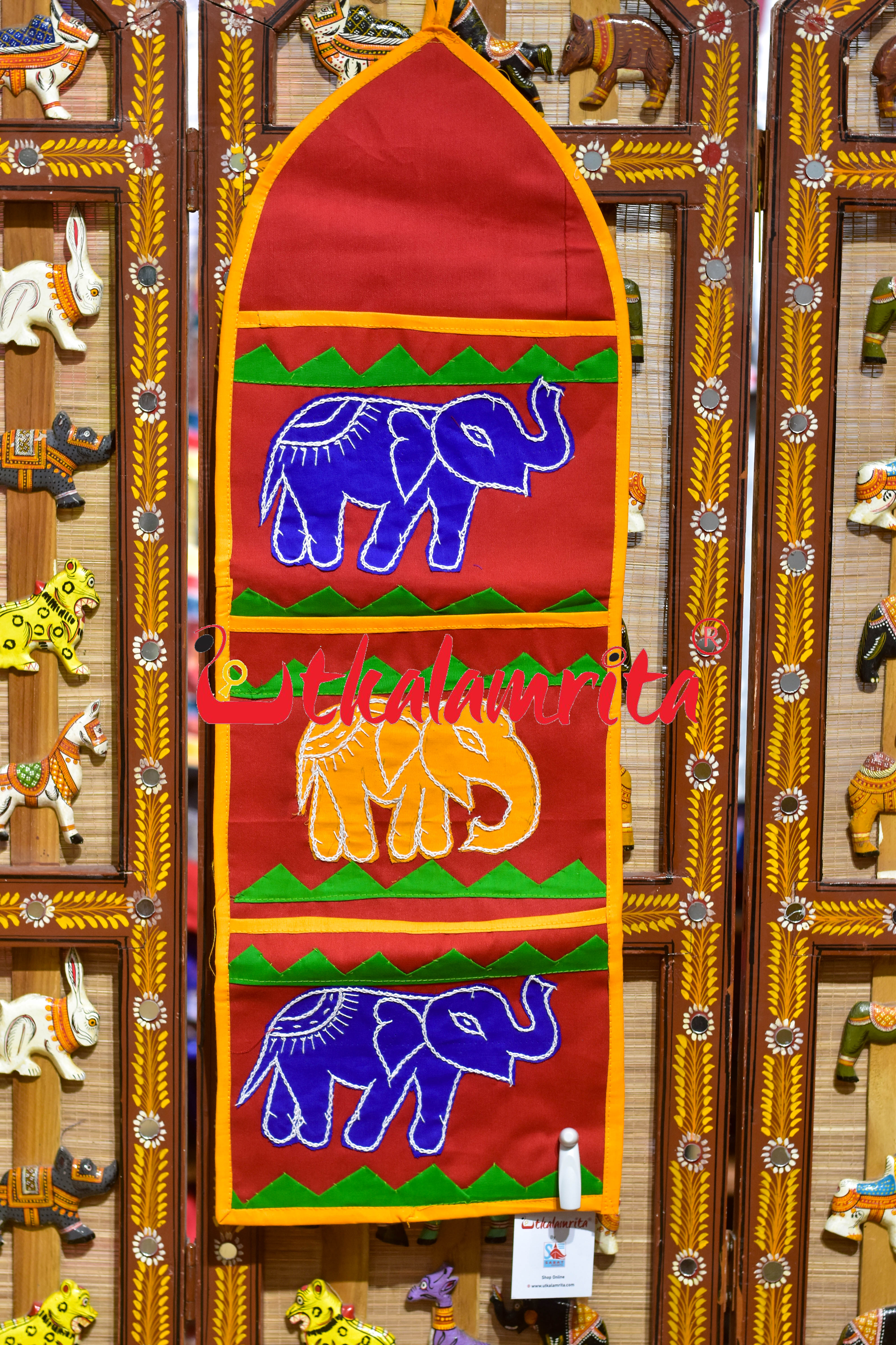 Red Blue Triple Elephant Pipli Applique Letter Box