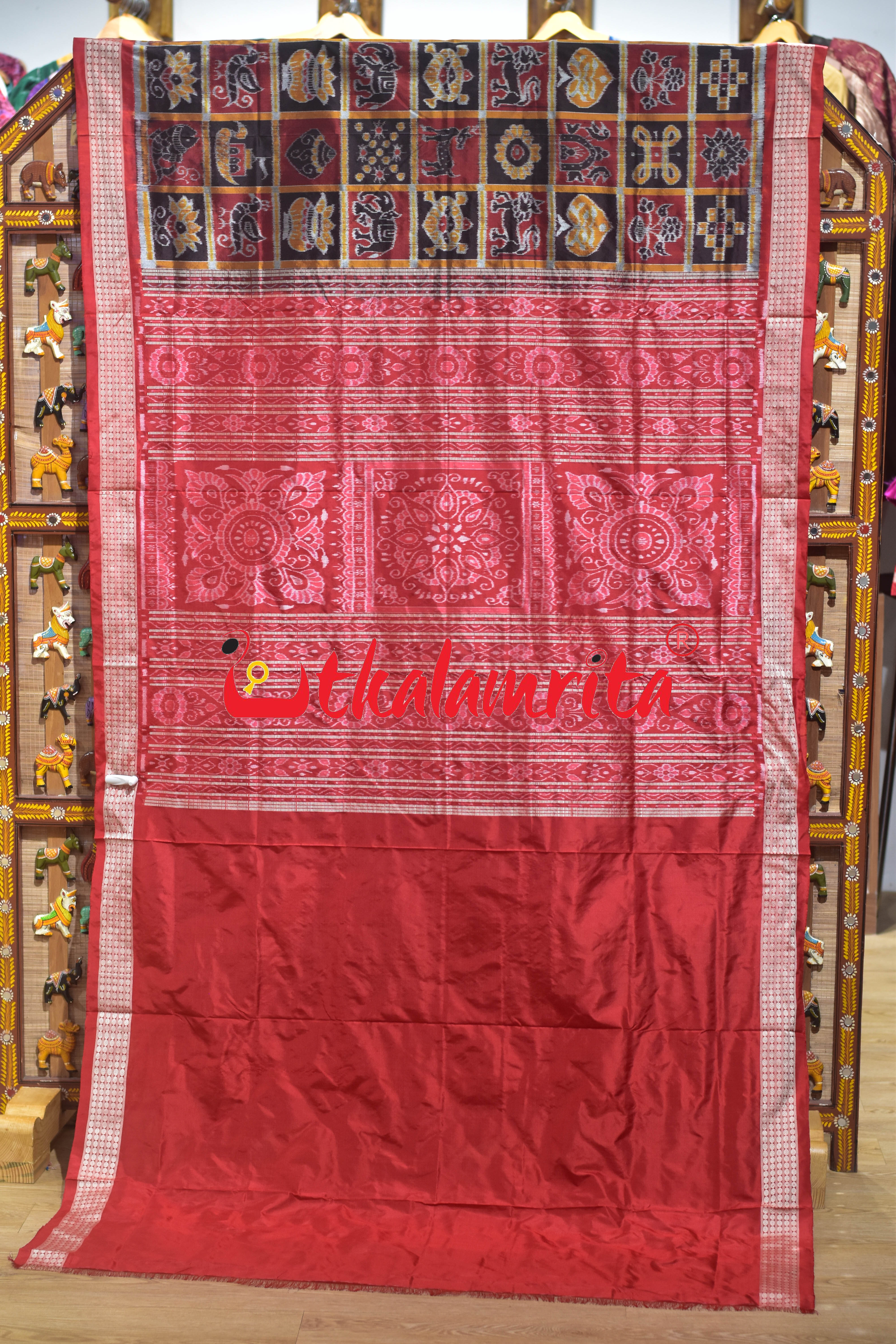 Coffee Maroon Red Dhadi Nabakothi Silk Saree