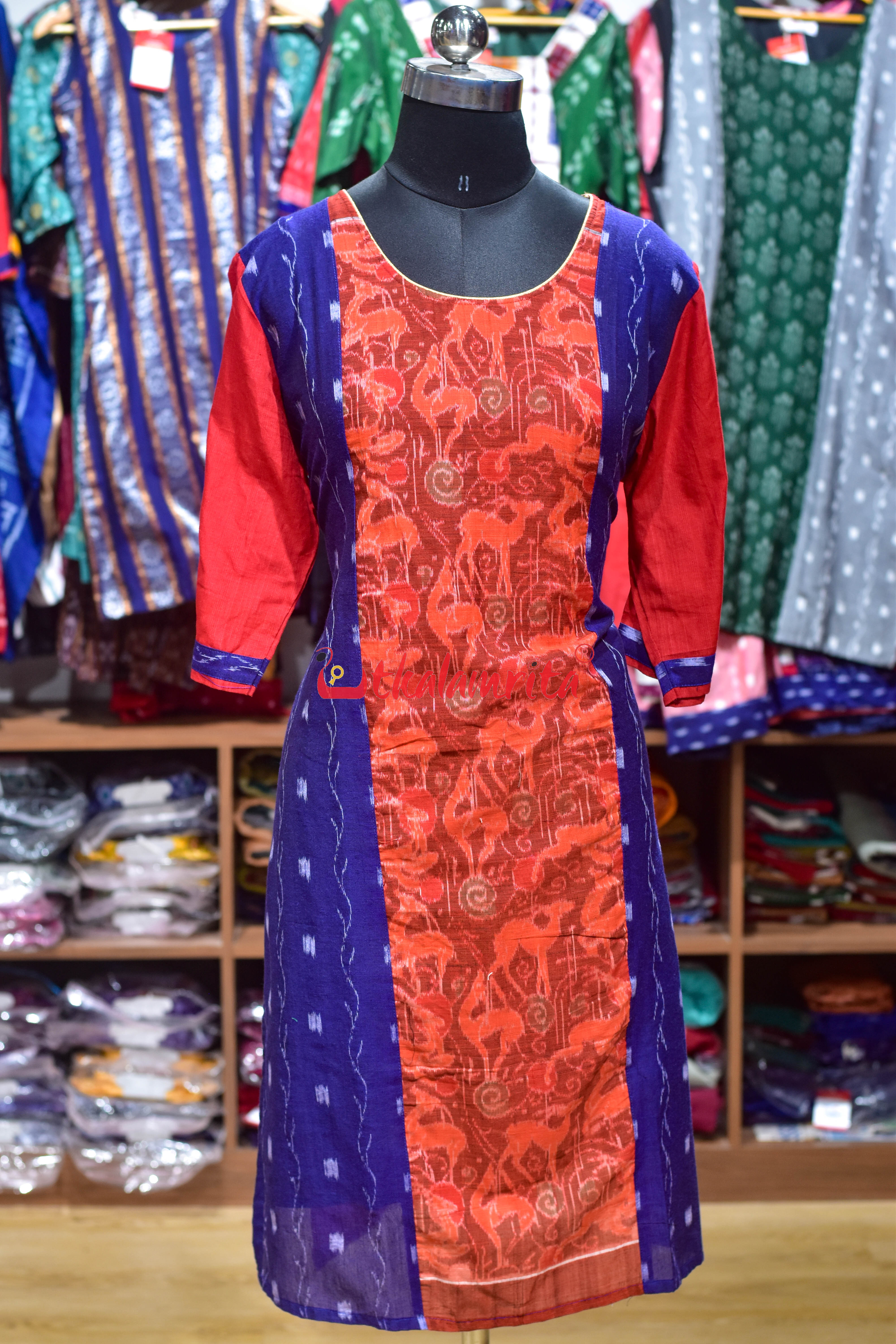 Red Blue Orissa Ikat Ladies Kurti