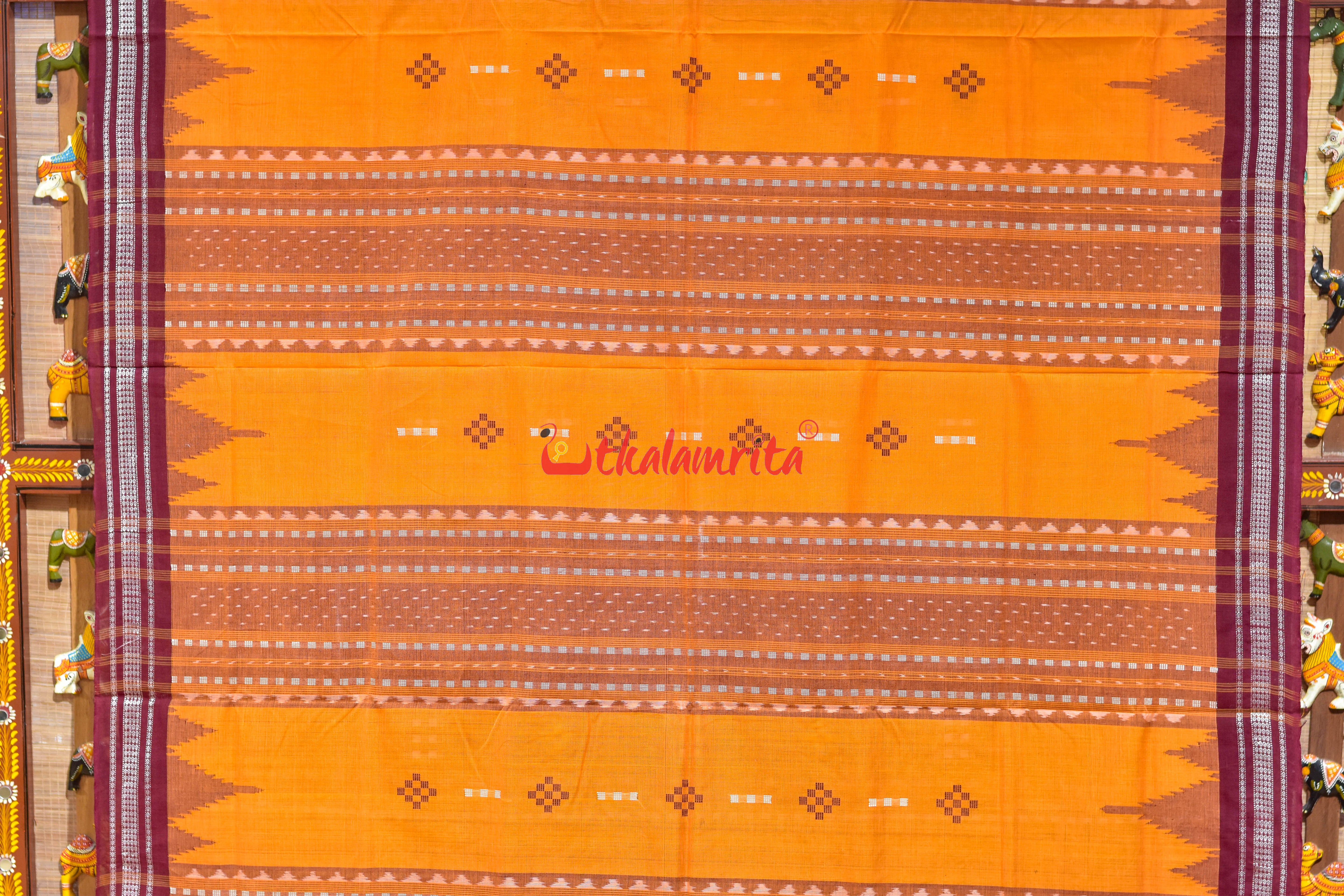 Yellow Maroon Phoda Kumbha Cotton Bapta Saree