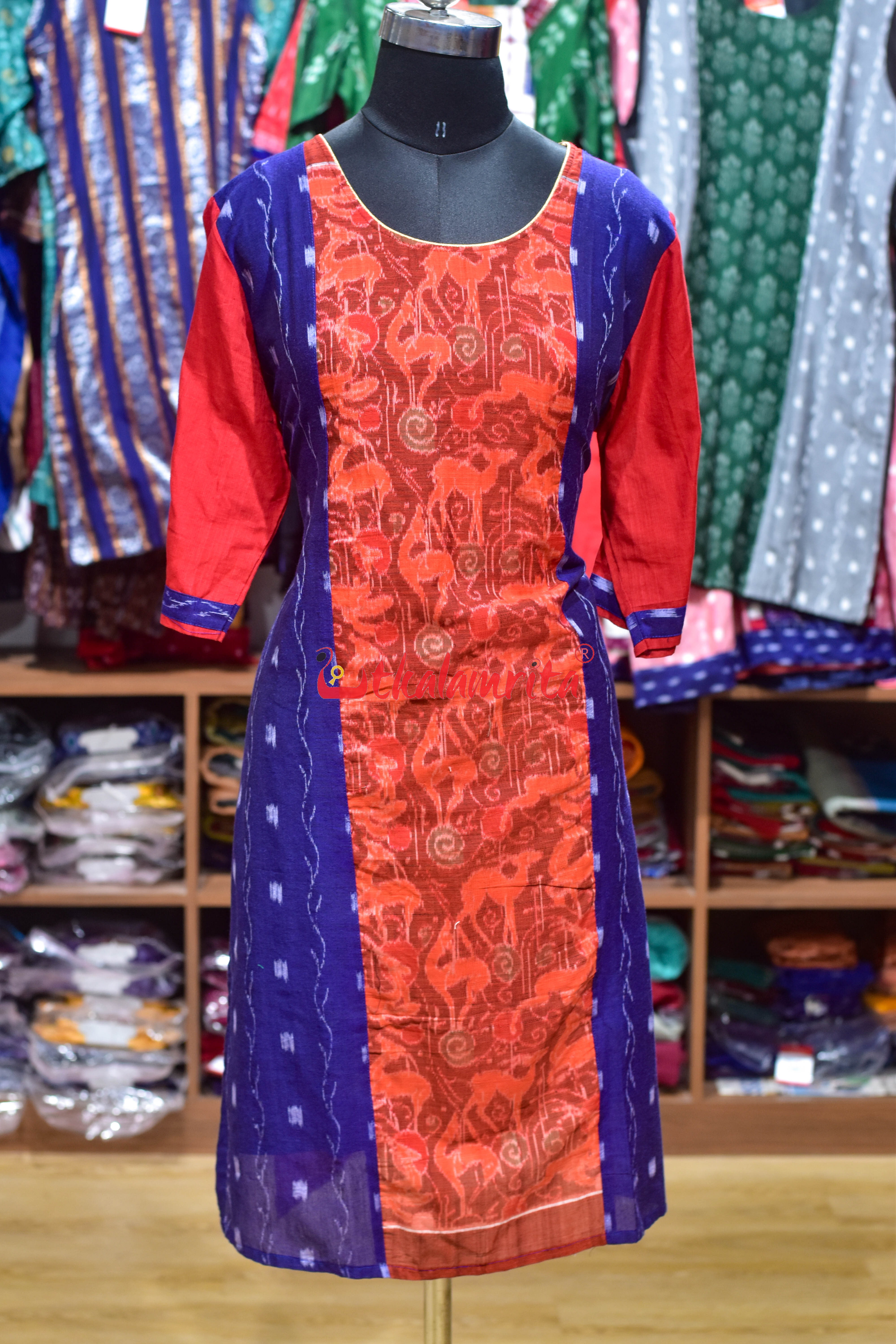 Red Blue Orissa Ikat Ladies Kurti