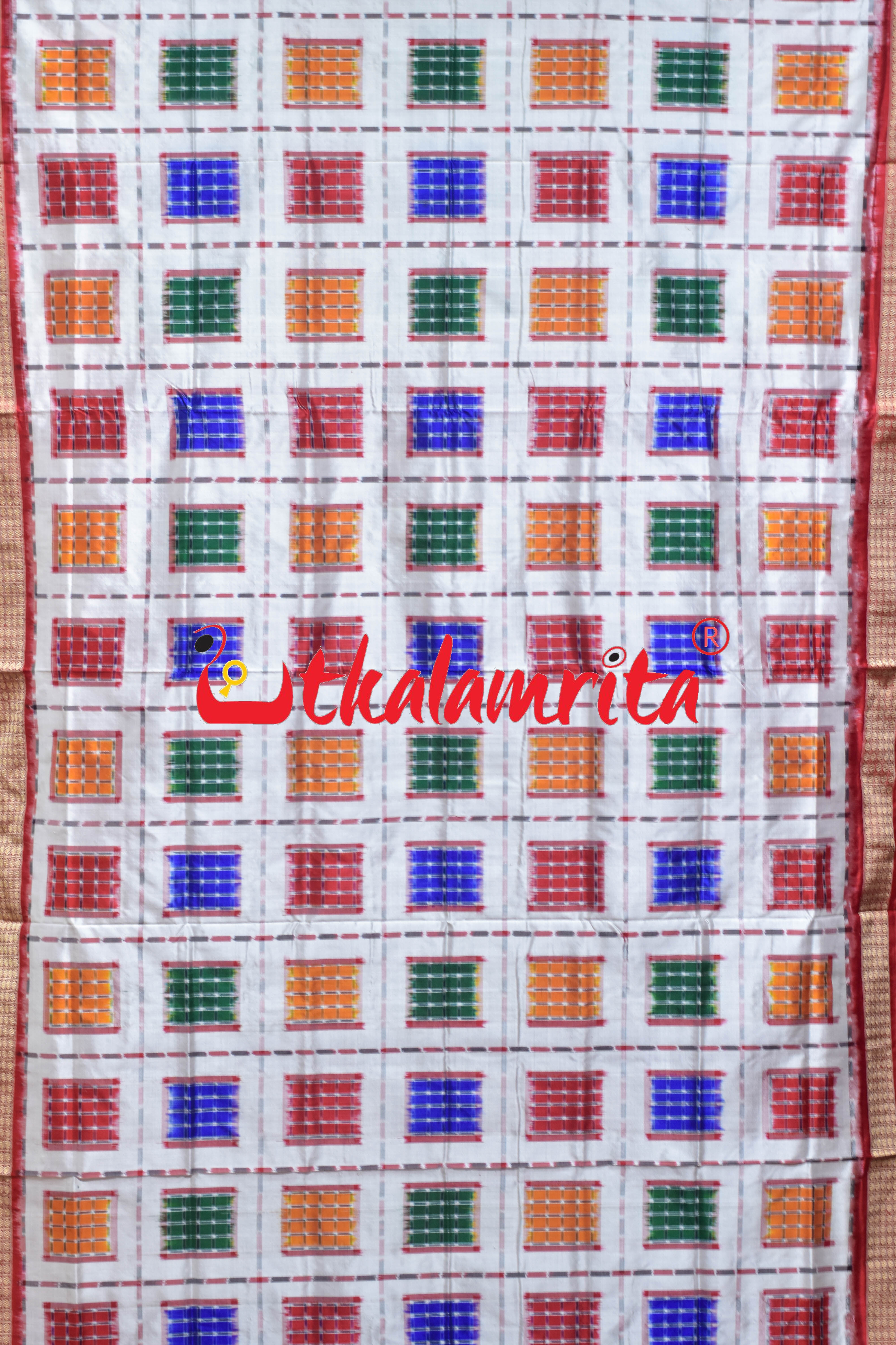 White Red Big Aswini Sambalpuri Silk Saree
