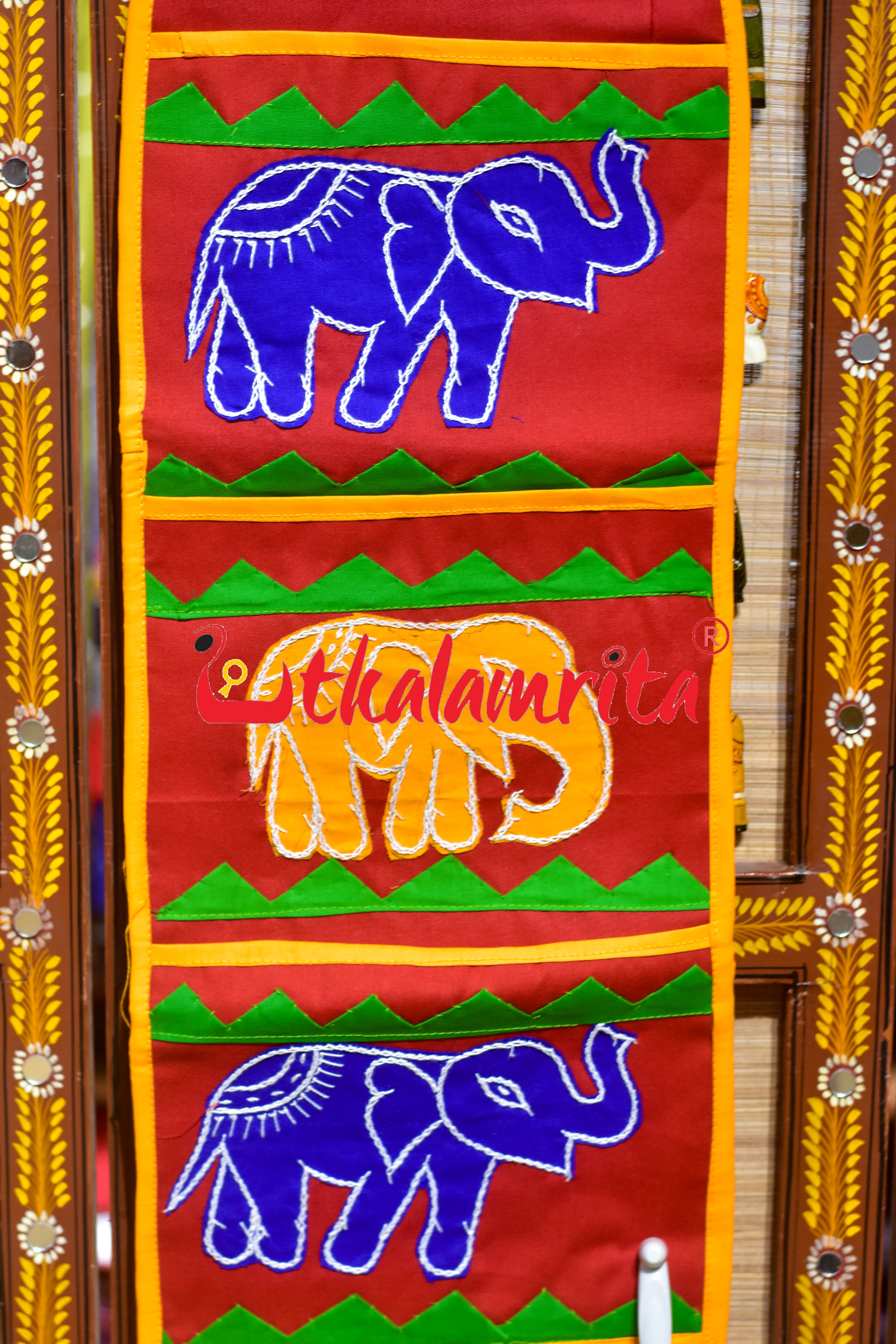 Red Blue Triple Elephant Pipli Applique Letter Box