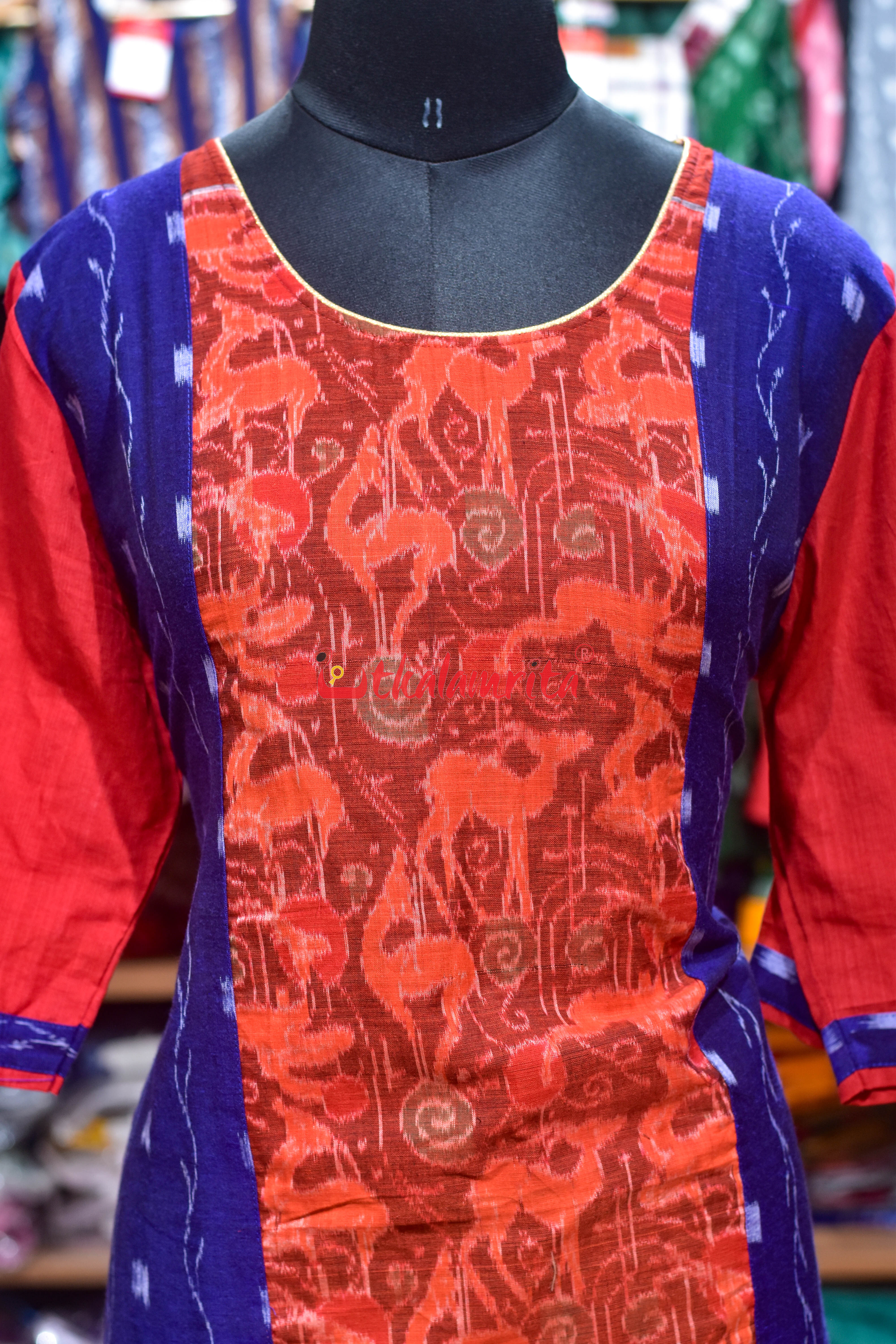 Red Blue Orissa Ikat Ladies Kurti
