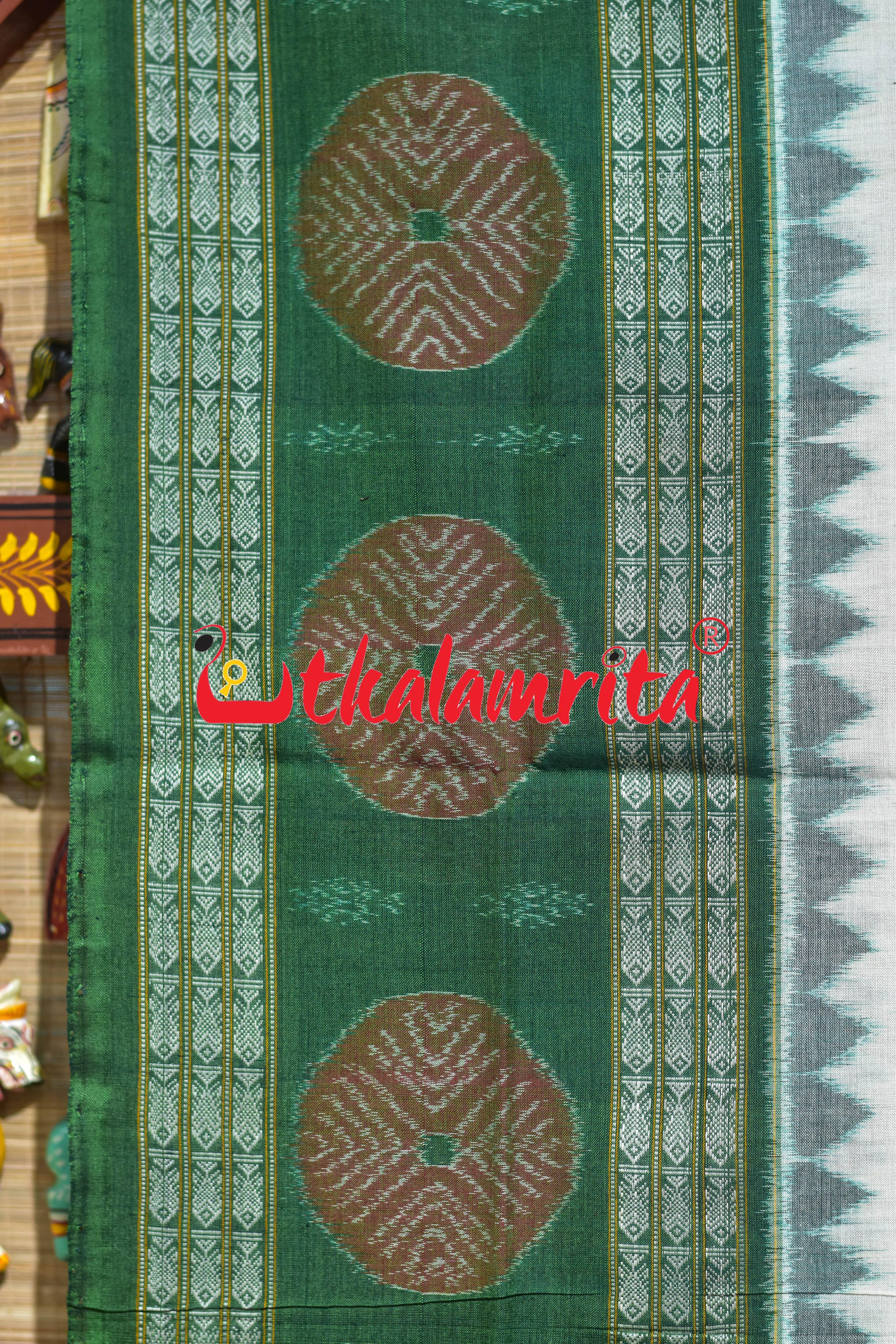 White Green Dhadi Chakra Sambalpuri Cotton Saree