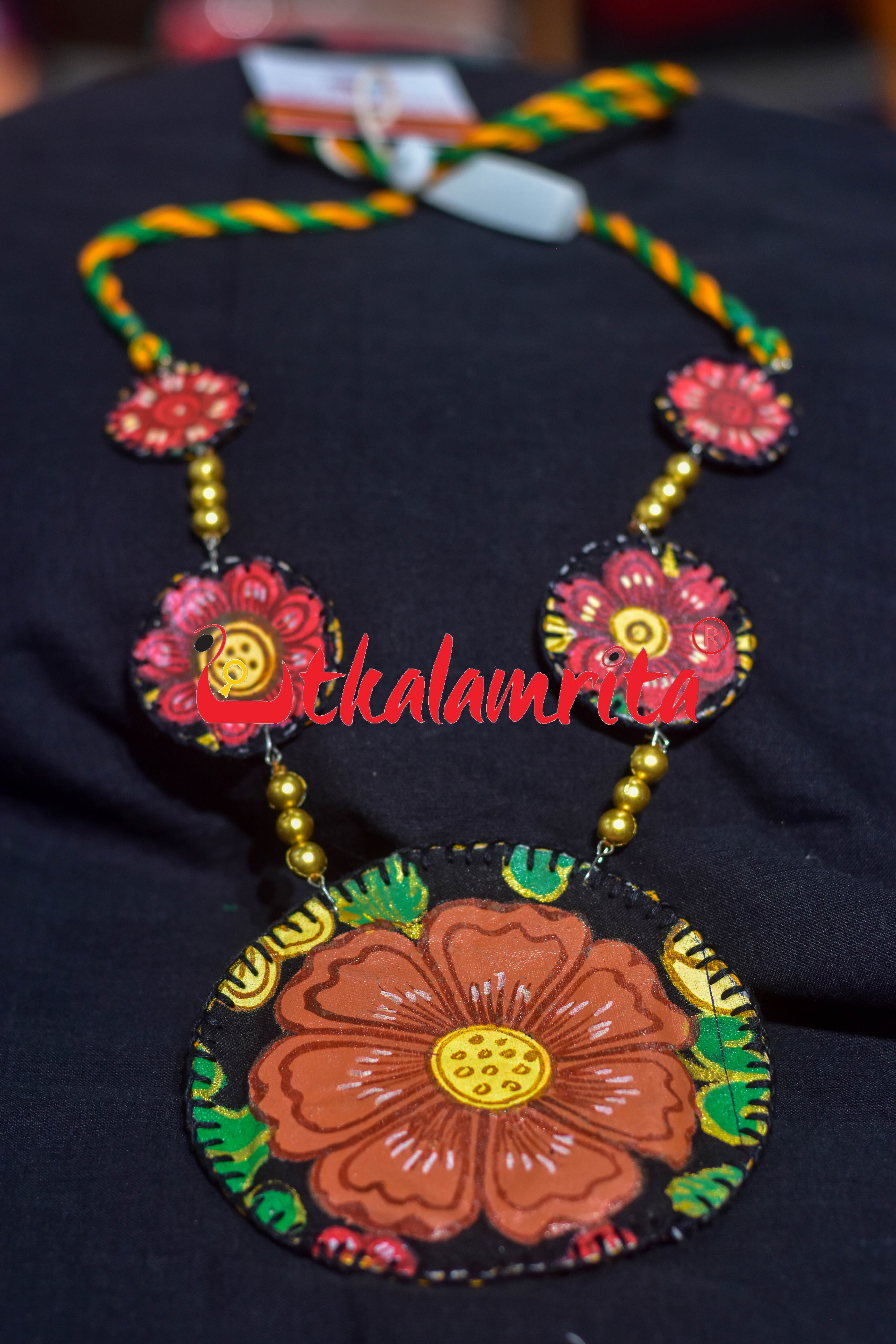 Black Brown Flower Pattachitra Necklace