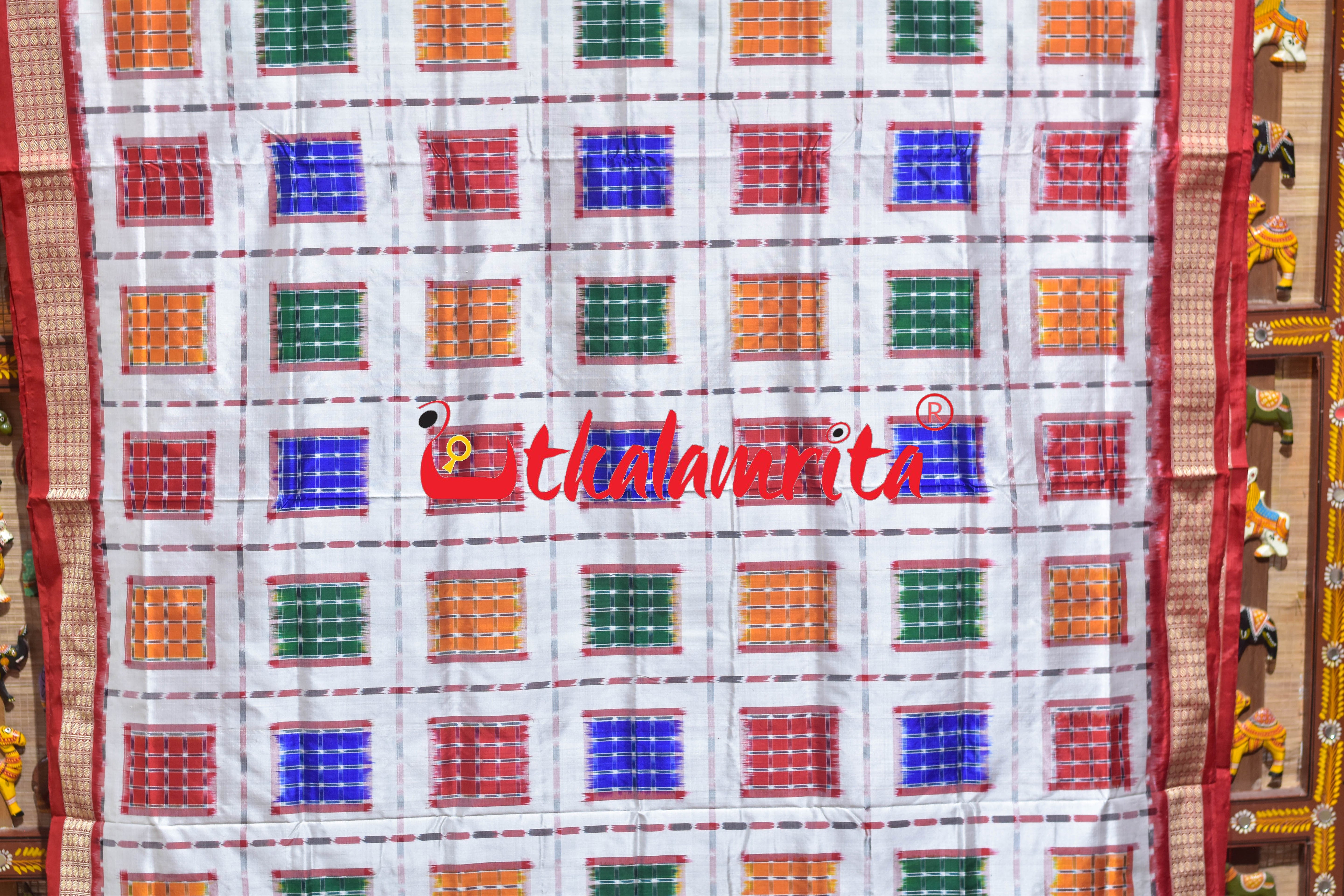 White Red Big Aswini Sambalpuri Silk Saree