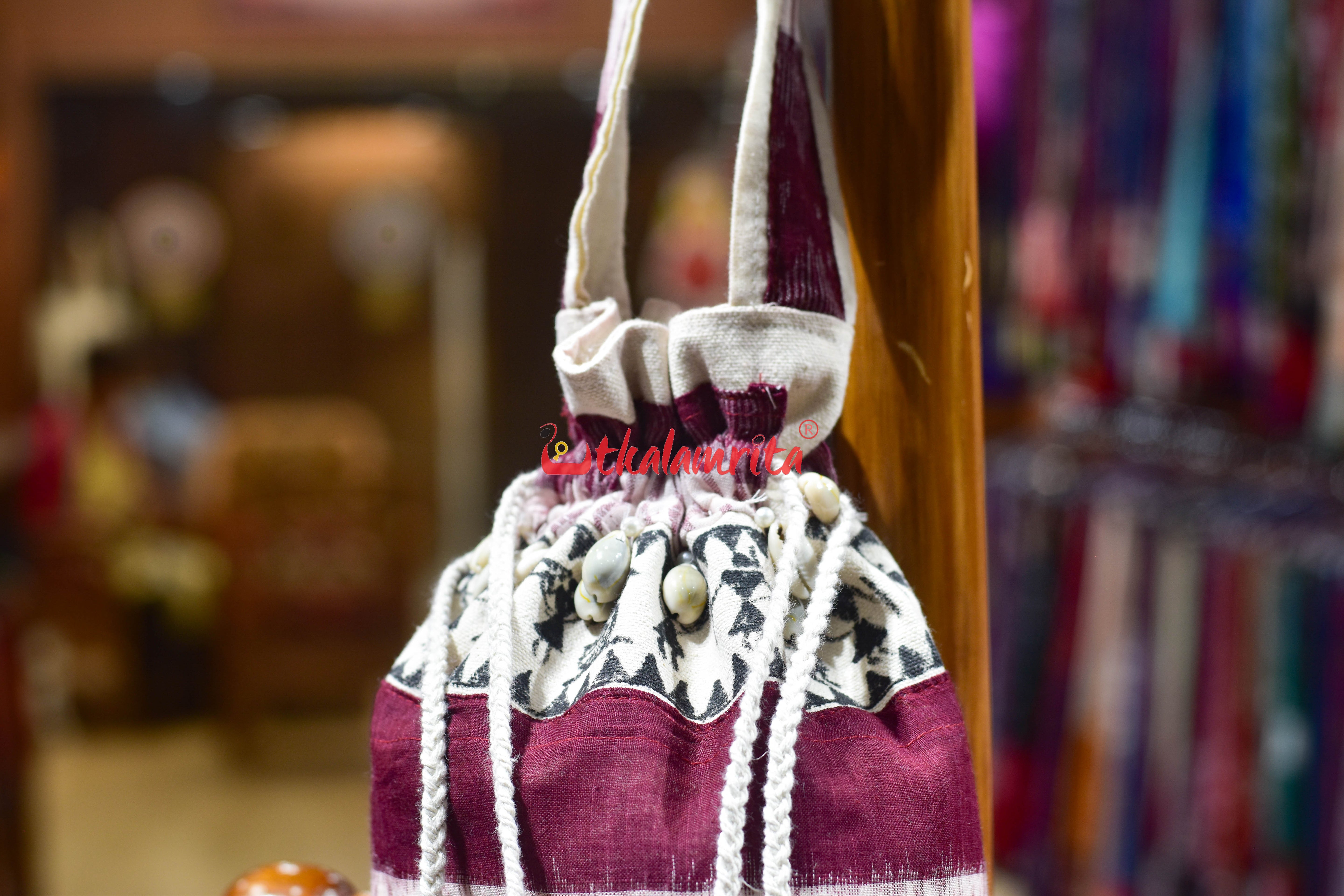 Maroon White Stripes with Tribals Potli Bag